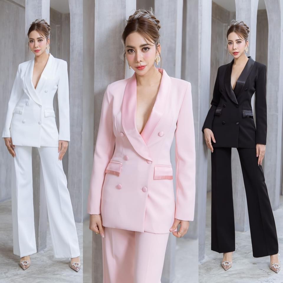 เซตสูทปกเลื่อม+กางเกงขาตรง เนื้อผ้าเกรดเอ เนื้อนุ่มเป็นทรงใส่สบาย สินค้าคุณภาพ (พร้อมส่ง)