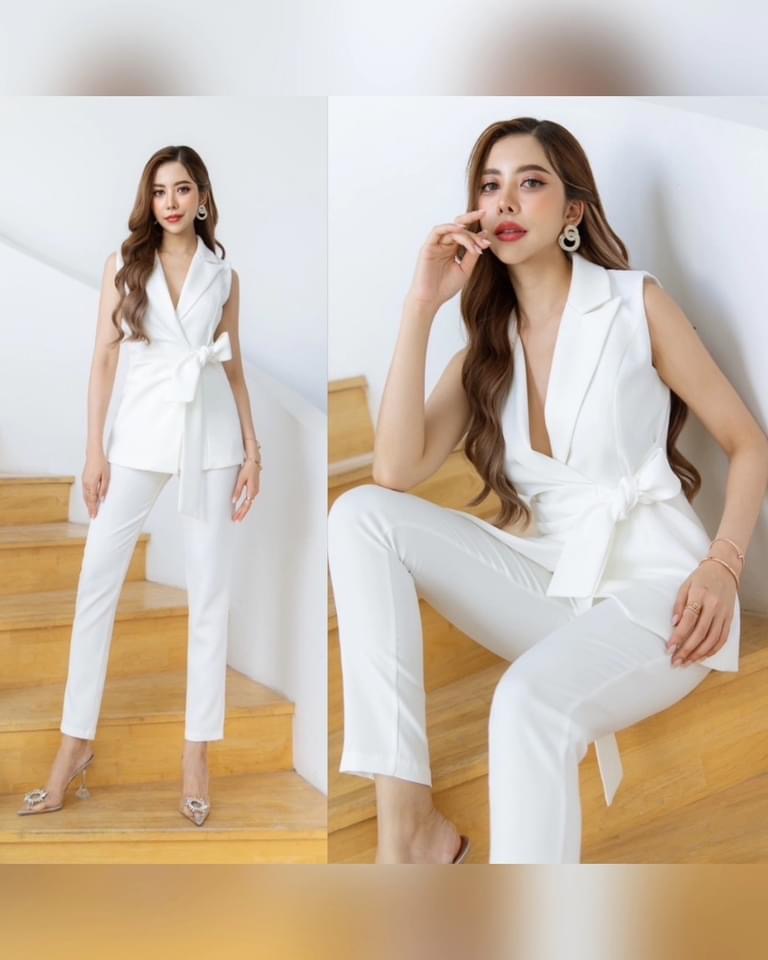 เซตเสื้อสูทแขนกุดผูกโบว์เอว +กางเกงขากระบอกเล็ก เนื้อผ้าสวย เนื้อนุ่มใส่สบาย สินค้าคุณภาพ (พร้อมส่ง)