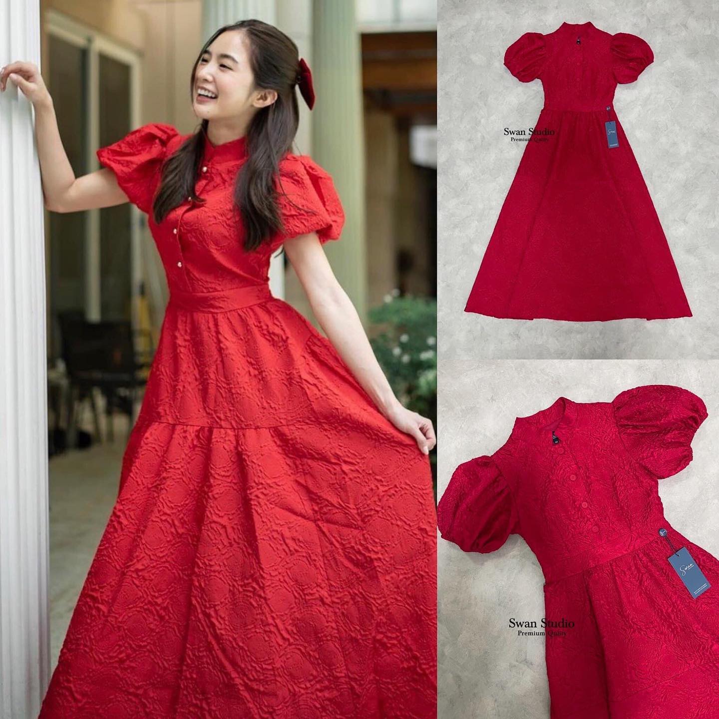 แม็กซี่เดรสสีแดง ผ้ามีเท็กเจอร์นูนๆมีมิติ แขนทรงแขนตุ๊กตา รุ่นนี้ใช้ผ้าเยอะมากคุ้มสุดๆ ทรงสวยใส่ได้หลายโอกาส สินค้าคุณภาพ (พร้อมส่ง)