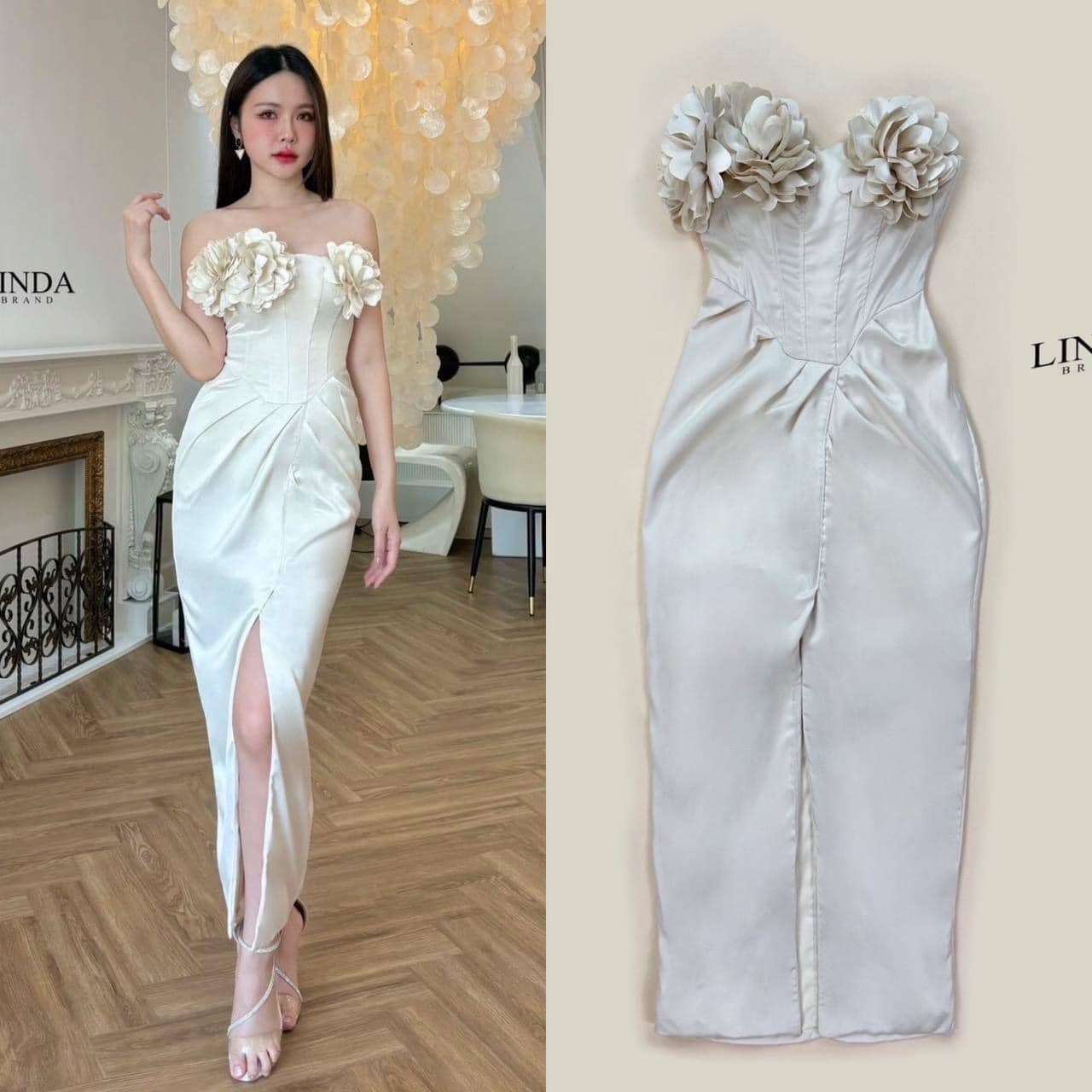 เดรสสีครีมเกาะอกชุดออกงานชุด เพื่อนเจ้าสาวสามารถใส่ได้เลยดินเนอร์หรู หราก็ได้มีดอกไม้ติดที่ช่วงหน้าอกกระโปรง ผ่าหน้าสีครีม ใส่สบาย สินค้าคุณภาพ (พร้อมส่ง)