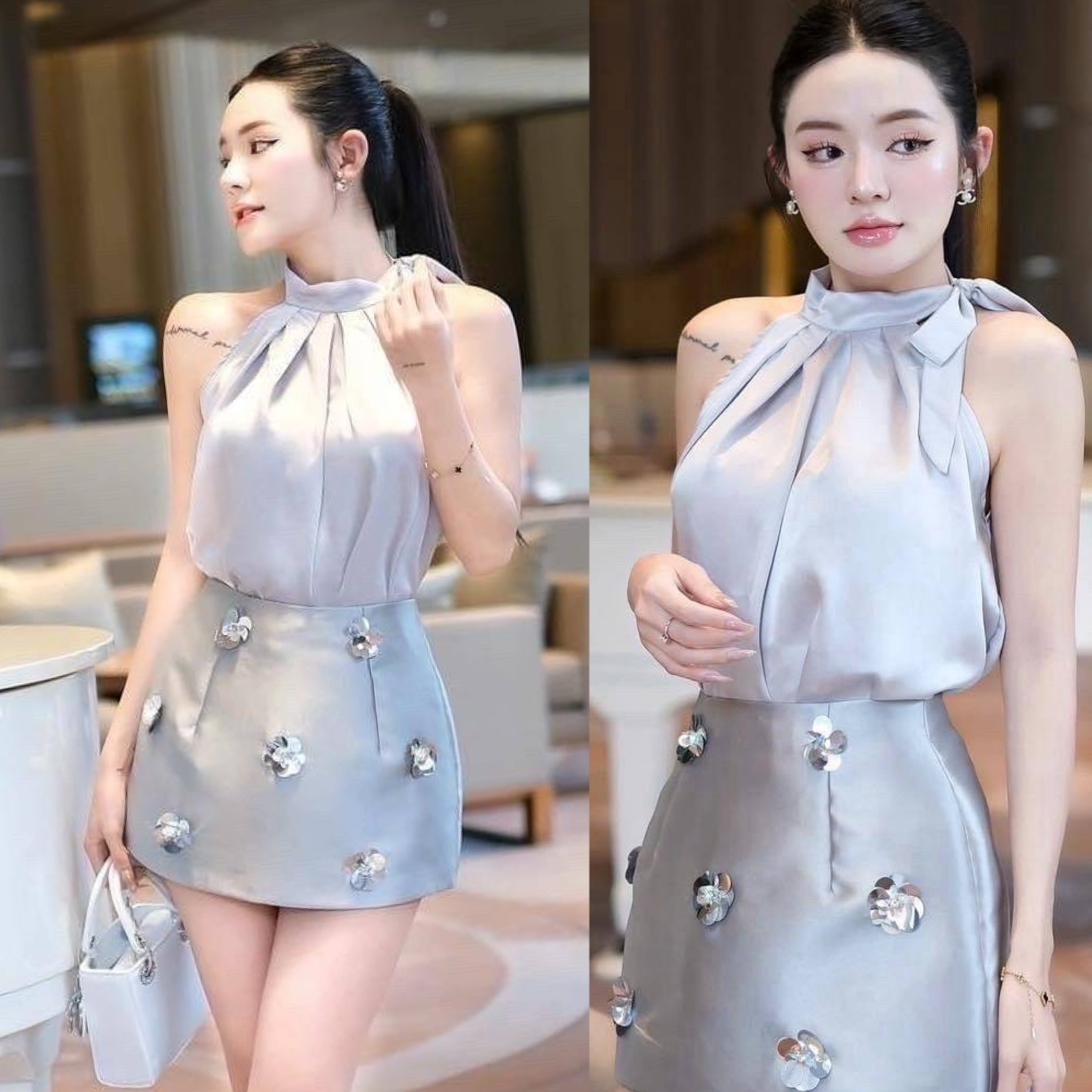 Set 2 ชิ้นสีเทา ตัวเสื้อคอปีนแขนกุด ช่วงคอจับจีบผูกโบว์คอ ตัวเสื้อทรงปล่อยผ้าลื่น มันวาว ทรงสวมหัว(ไม่มีซิป)+กระโปรงสั้นเอวสูง ใส่สบาย : สินค้าคุณภาพ (พร้อมส่ง)