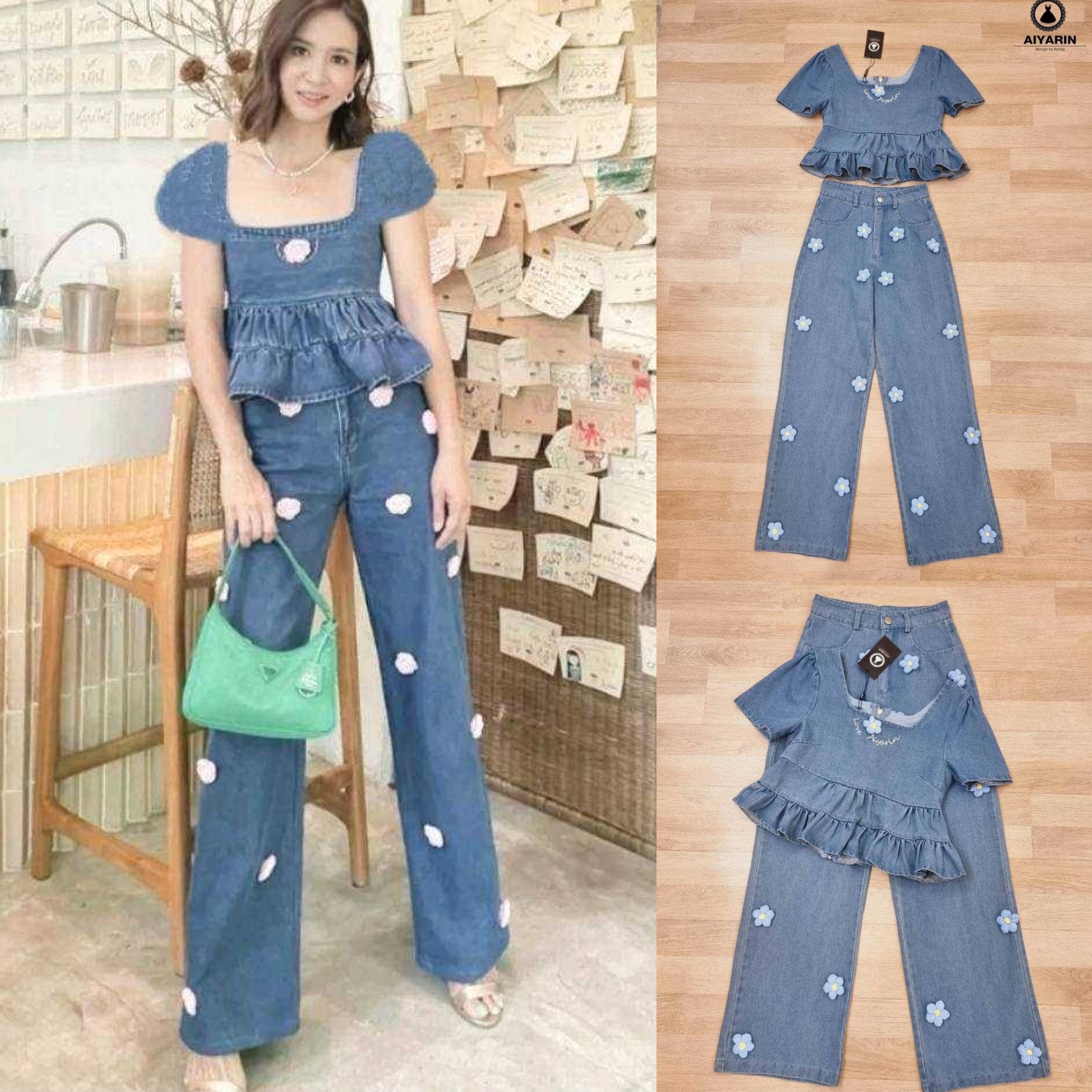 set เสื้อยีน+ กางเกงขายาว เสื้อยีนระบายตรงชายเสื้อมีซิปด้านหลังสวมใส่ง่ายมาพร้อมกางเกงยีนมีดอกไม้ สินค้าคุณภาพ (พร้อมส่ง)