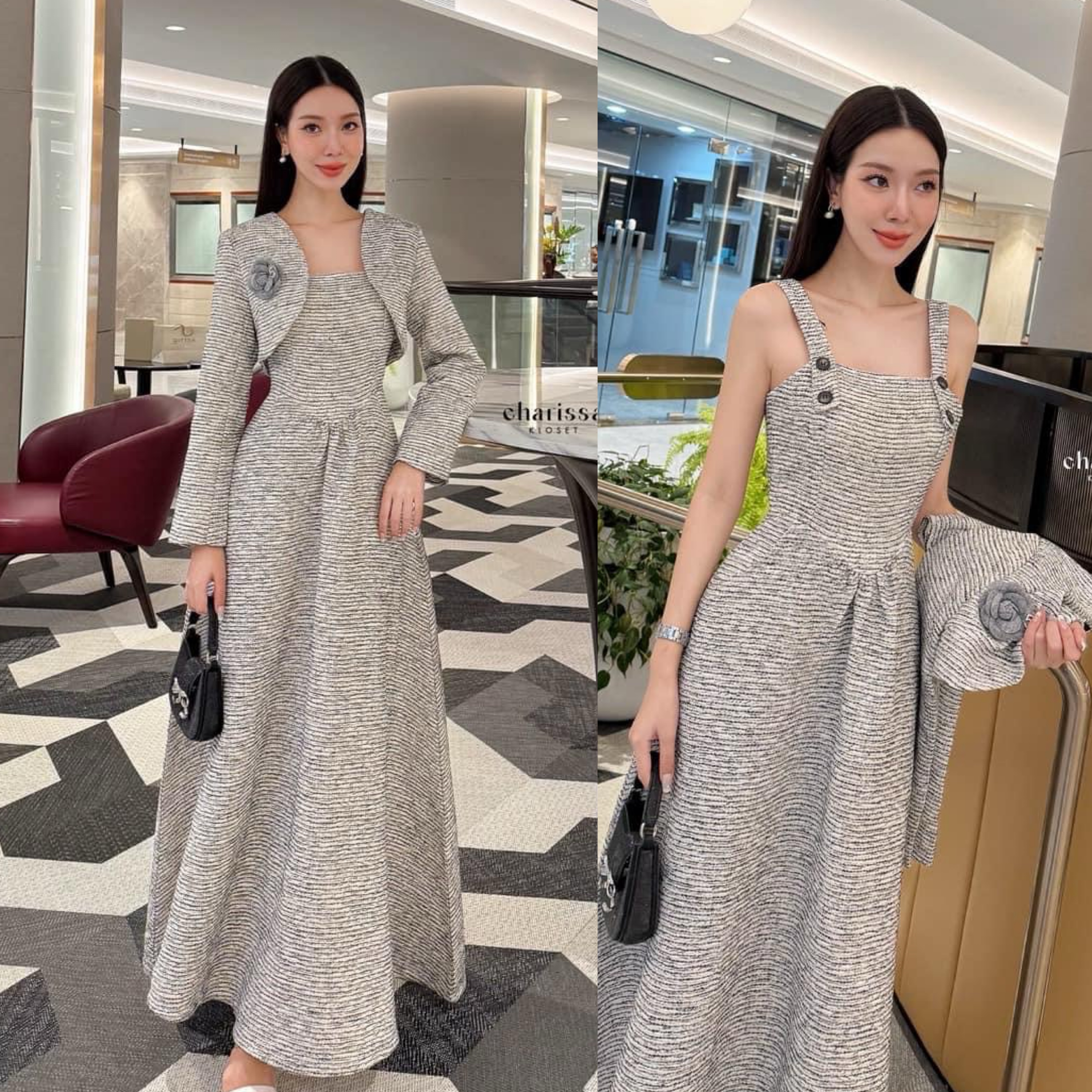 ชุดเซ็ท 3 ชิ้น เดรสยาว+เสื้อครอป+เข็มกลัดดอกไม้ ใส่สบาย : สินค้าคุณภาพ (พร้อมส่ง)