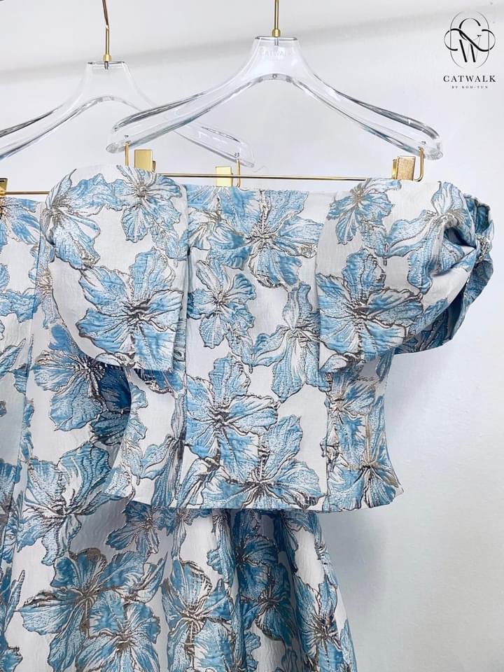 เซตผ้าทอ ลายเสื้อปาดไหล่โบว์ไหล่+กระโปรงทรงย้วย เนื้อผ้าเกรดเอ ผ้าสวยมาก ใส่สบาย สินค้าคุณภาพ (พร้อมส่ง)