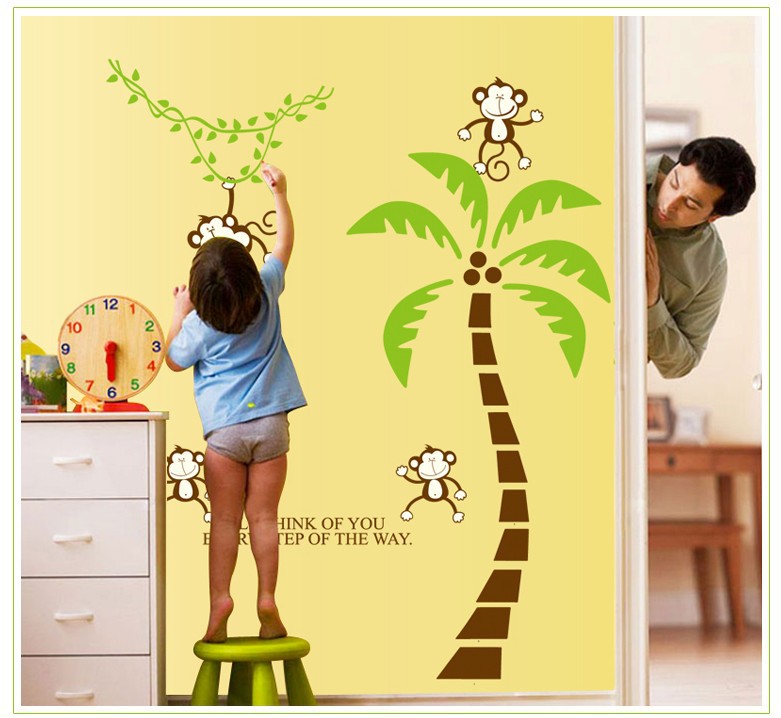 สติกเกอร์แต่งห้อง DIY ลายลิงปีนต้นมะพร้าว แผ่นใหญ่ ลอกออกแล้วติดซ้ำได้