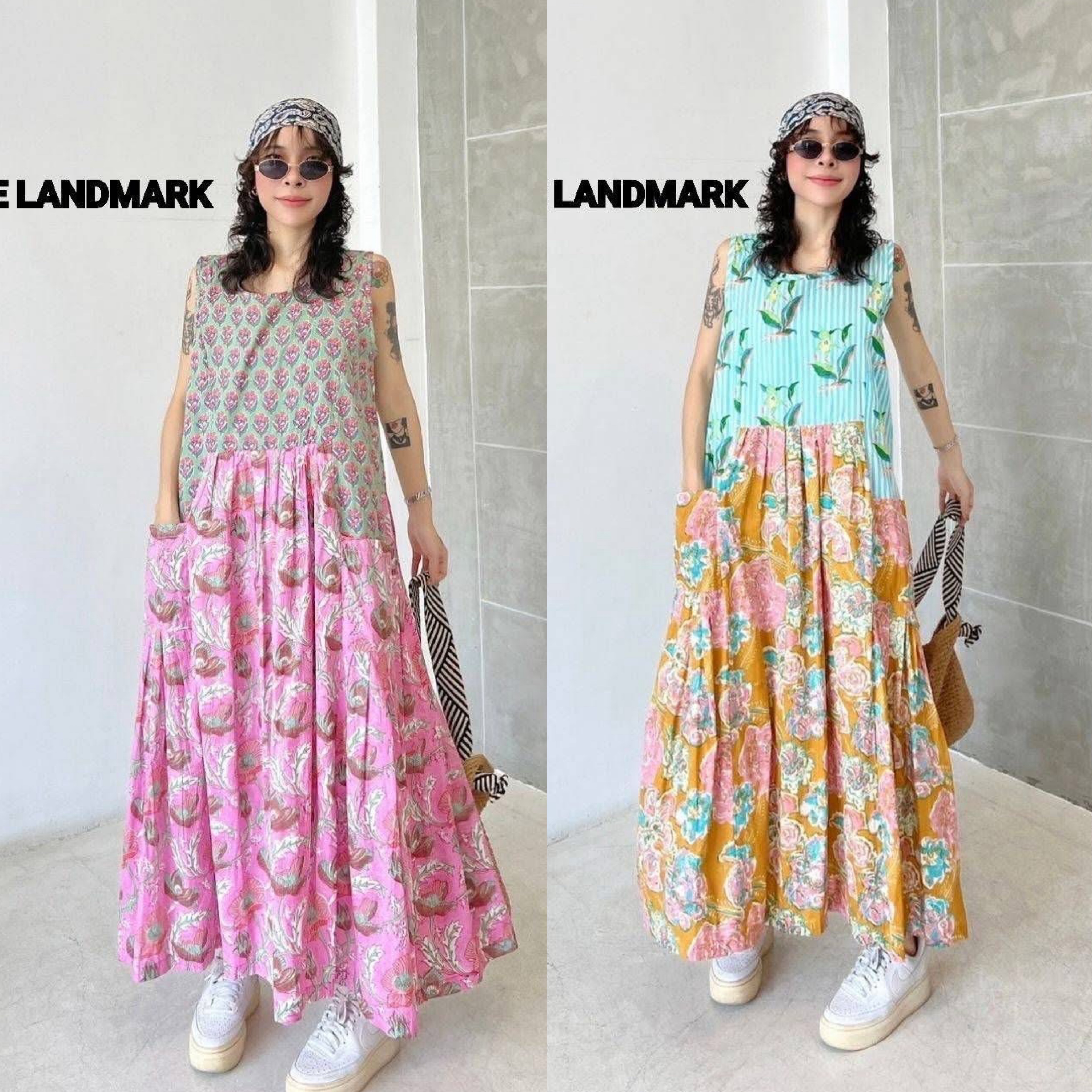 เดรสผ้าบล็อคคอทตอลอินเดีย ดีไซน์แขนกุดต่อลาย+ระบาย ใส่สบาย : สินค้าคุณภาพ (พร้อมส่ง)