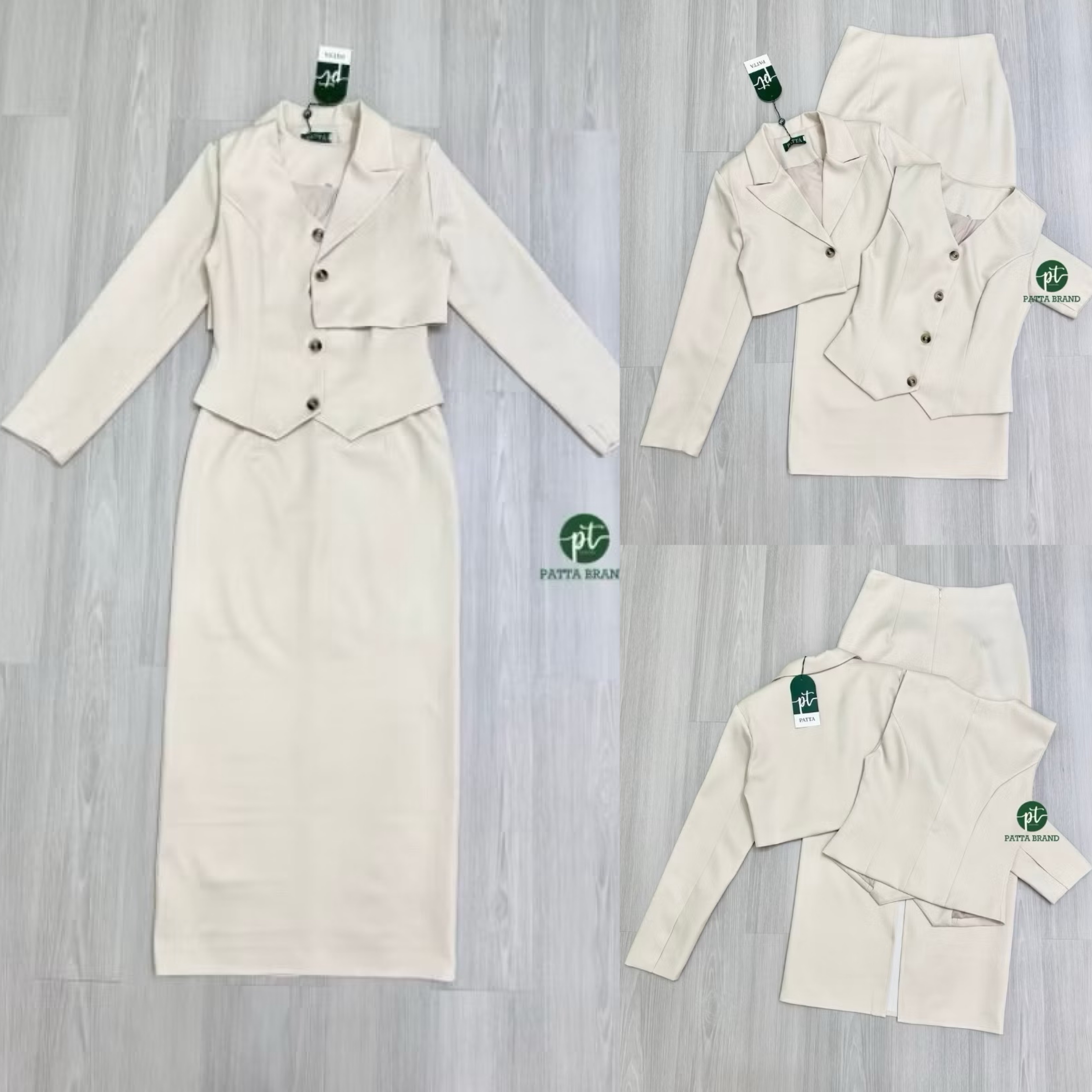 เซต3ชิ้น สีครีม เสื้อคลุมแขนยาวตัวสั้นมีกระดุมหน้า มาคู่กับเสื้อแขนกุดตัวในมีกระดุมหน้าเรียงยาว ดีไซน์สวย คุ้มสุดๆ มาพร้อมกับกระโปรงยาวทรงสอบ ใส่สบาย : สินค้าคุณภาพ (พร้อมส่ง)