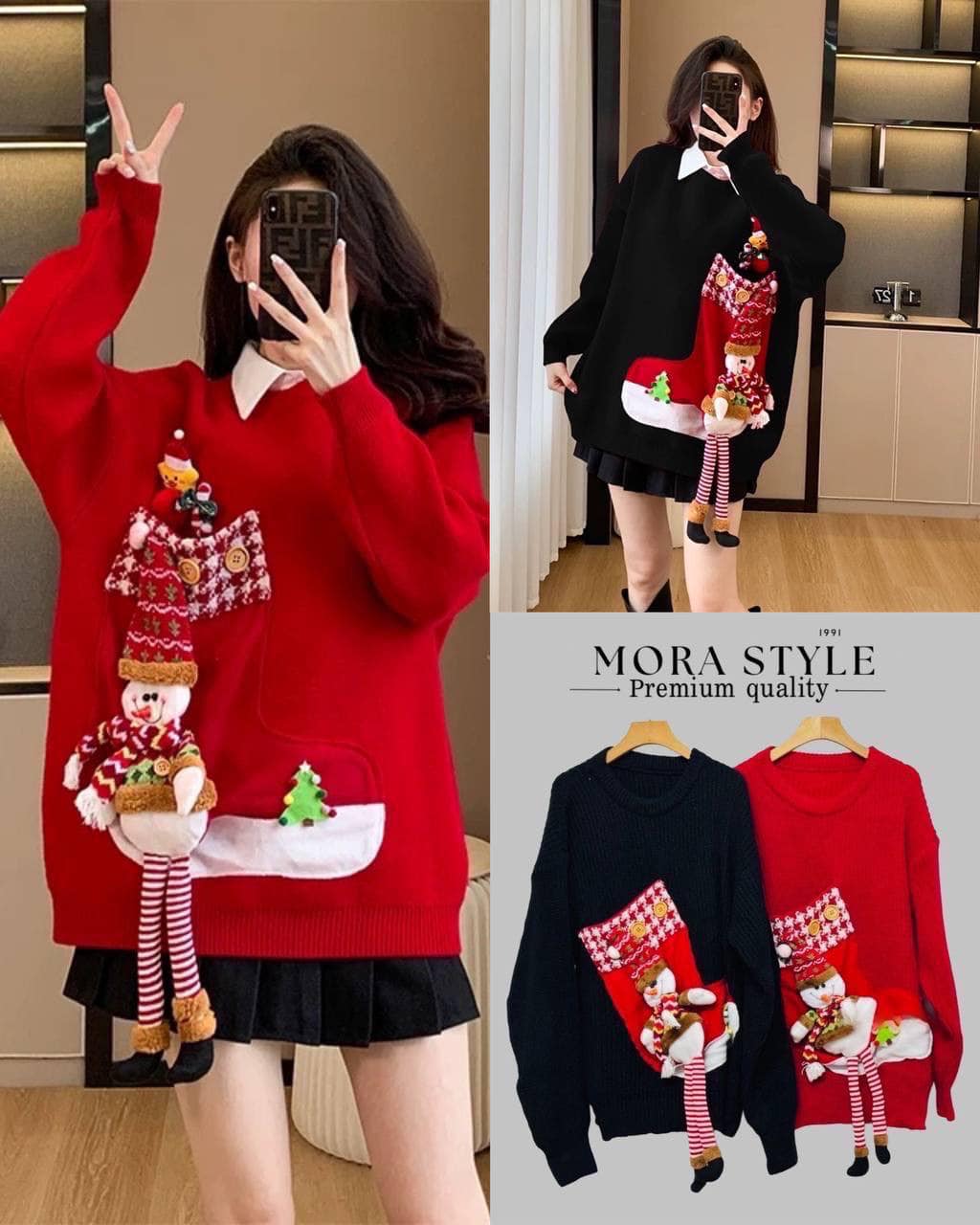 เสื้อสเวตเอตร์ไหมพรมแขนยาว แต่งตุ๊กตาหิมะ 3D ใส่แมทง่าย กันหนาวได้ ใส่สบาย : สินค้าคุณภาพ (พร้อมส่ง)