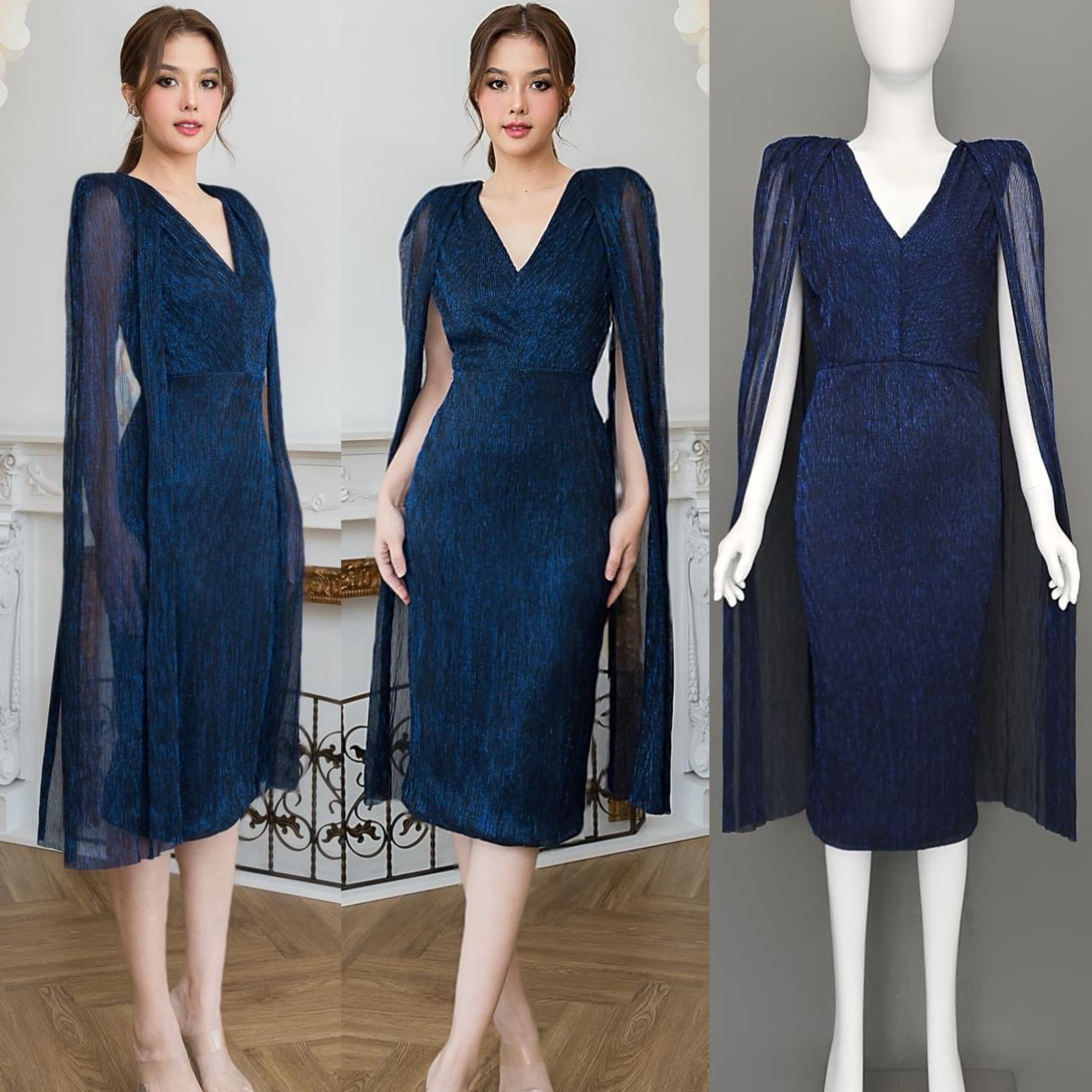 เดรส เสื้อคอวี กระโปรงทรงสอบเข้ารูป : แขนเสื้อเป็นผ้าคลุม ลูกเล่นผ่าด้านใน เพื่อความกรุยกราย มีซิปซ่อนและซับในเต็มตัว ใส่สบาย : สินค้าคุณภาพ (พร้อมส่ง)