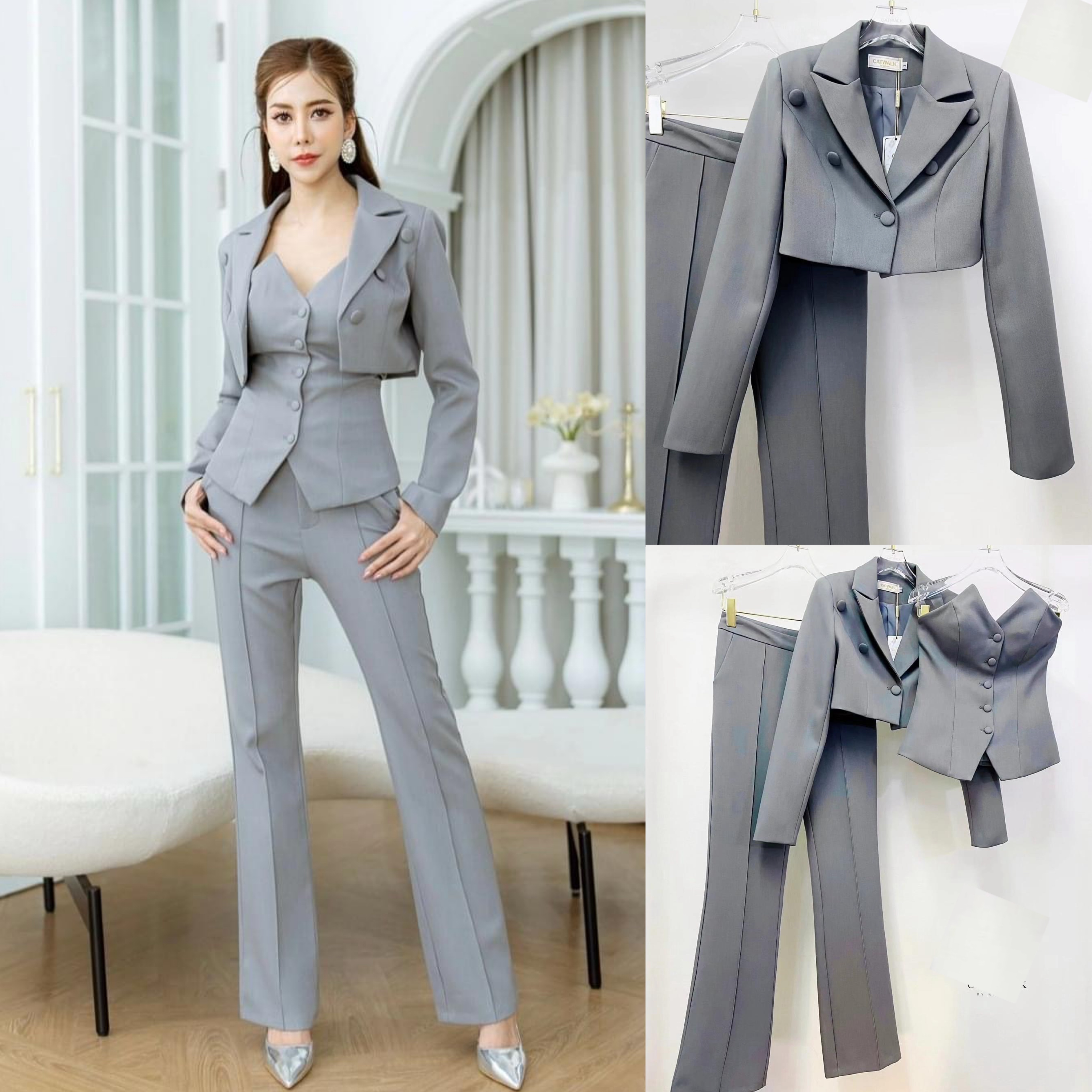 เซตเสื้อครอปสูท+เกาะอก+กางเกงทรงสวย เนื้อผ้าเกรดเอ ใส่แล้วเก็บทรงสวย งานhiend ใส่สบาย สินค้าคุณภาพ (พร้อมส่ง)