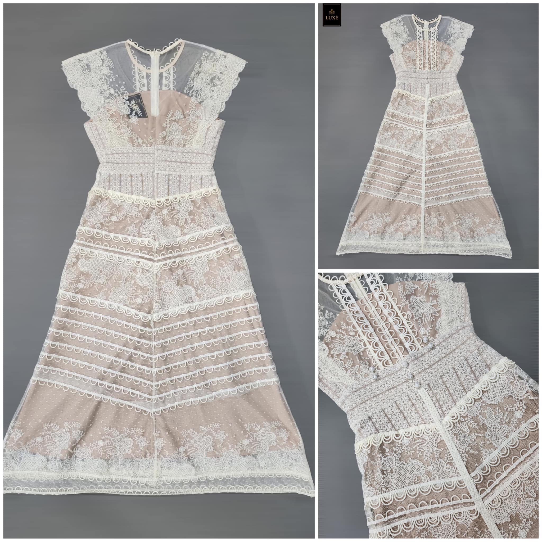 เดรสเสื้อคอกลม แขนล้ำ กระโปรงทรงเอ ทำจากผ้าลูกไม้ โครเชต์ แต่งกระดุมปั๊มและเทปลูกไม้ รอบตัว คัตติ้งประณีตมีซิปซ่อนและ ซับในสีเนื้อค่ะ ( ลูกไม้หยัก ) สินค้าคุณภาพ (พร้อมส่ง)