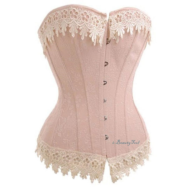 คอร์เซ็ท Corset สีชมพูเบจ ตกแต่งด้วยลูกไม้ปัก สวยหวานมาก