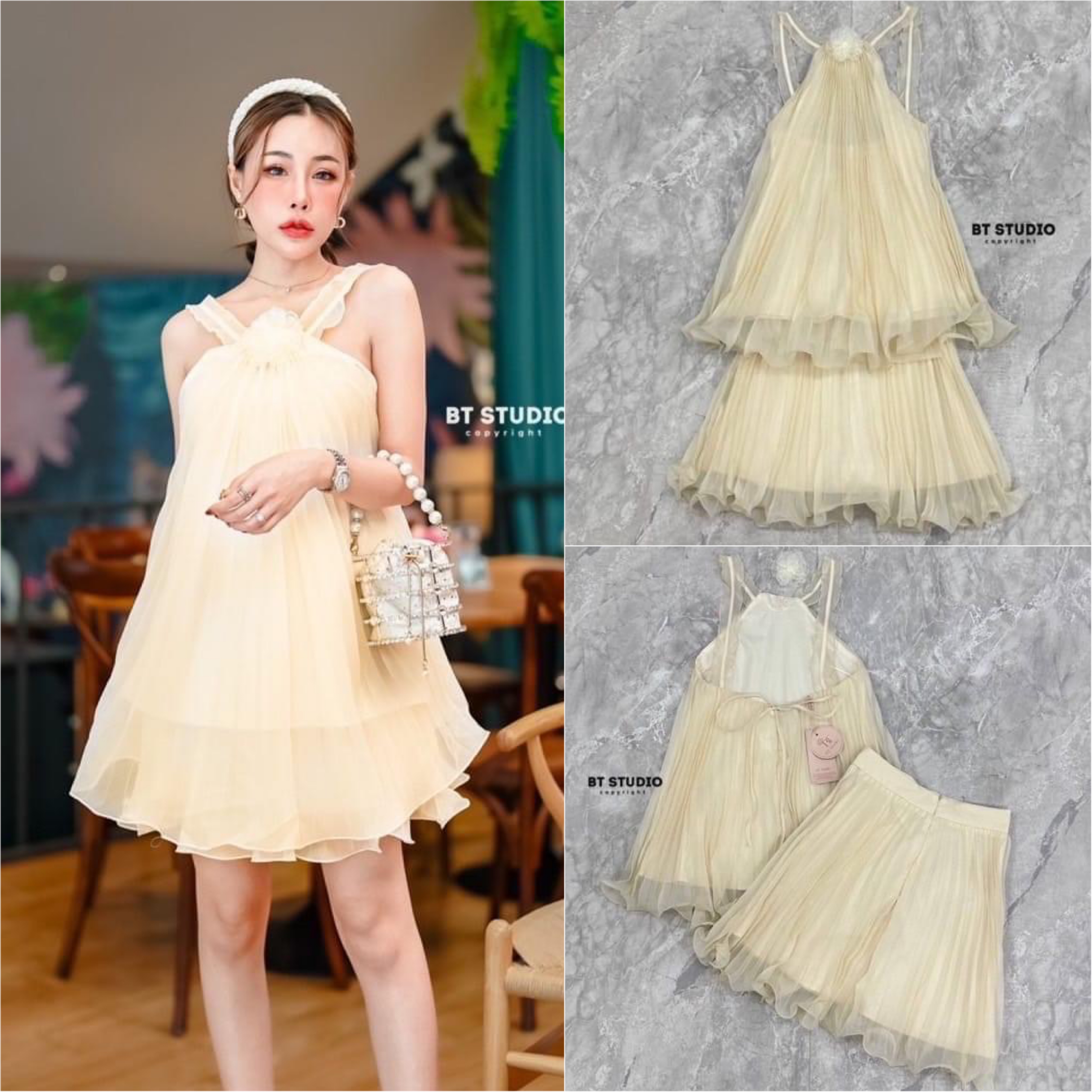 เซท 2 ชิ้น เดรสสายเดี่ยวสายแต่งระบาย ช่วงตัวผ้าชีฟองอัดพรีท กับกางเกงขาสั้นแต่งอัดพรีท งานสวยเนื้อผ้าดี ใส่สบาย มีซับในจ้า สินค้าคุณภาพ (พร้อมส่ง)