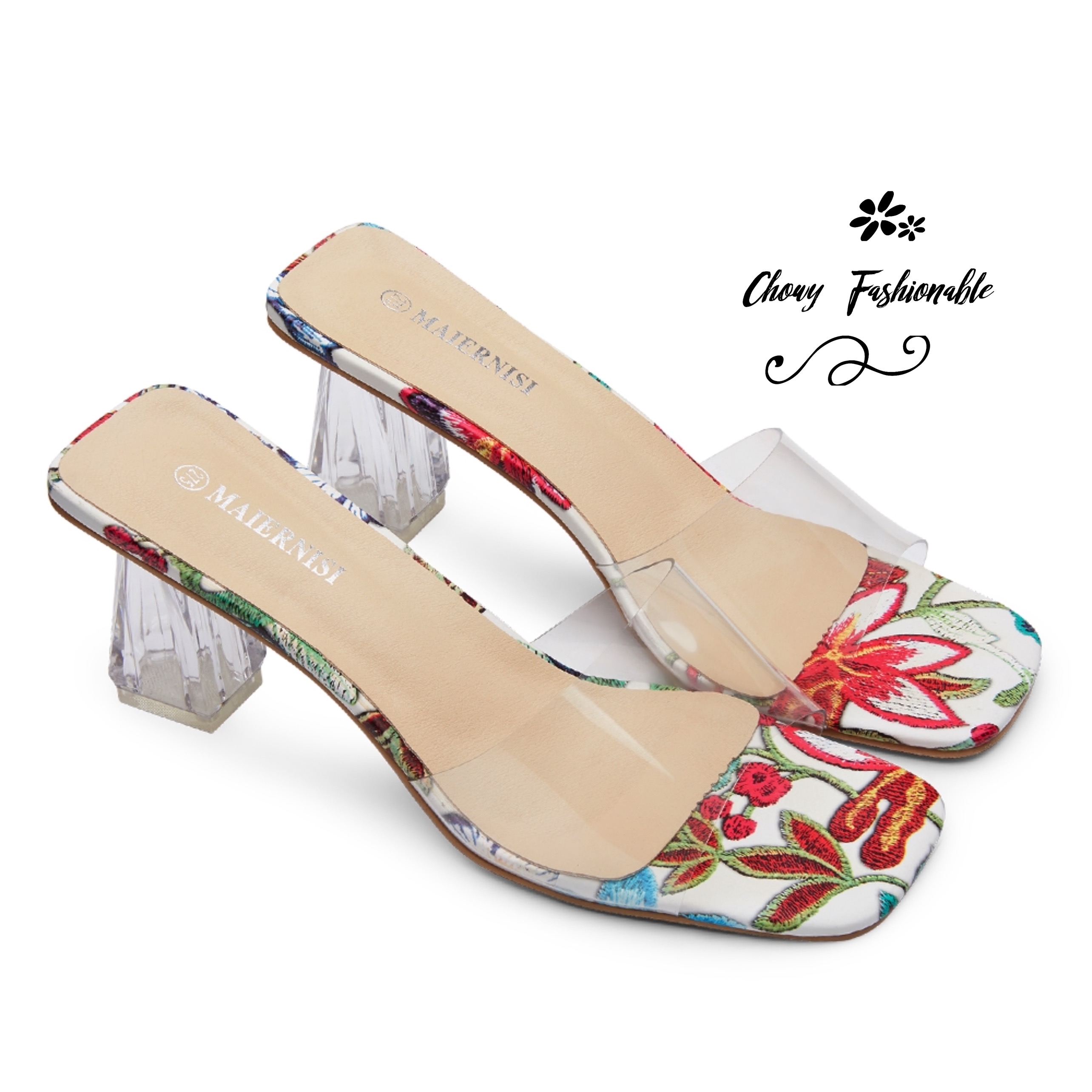 รองเท้าไซส์ใหญ่ 41-46 รองเท้าแตะมีส้น สูง 3 นิ้ว ส้นแก้วใส ด้านบน PU นิ่มใส CHOWY KR0960BU