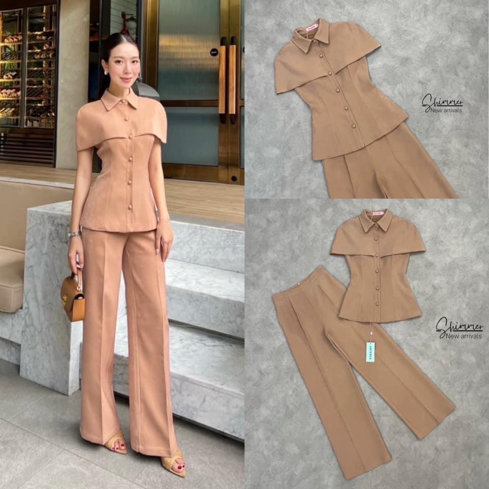 เซตเสื้อสไตล์เชิ้ตดีไซน์แขนคลุมไหล่ มาพร้อมกางเกงแพทเทิร์นสวยเข้ารูป : สินค้าคุณภาพ (พร้อมส่ง)