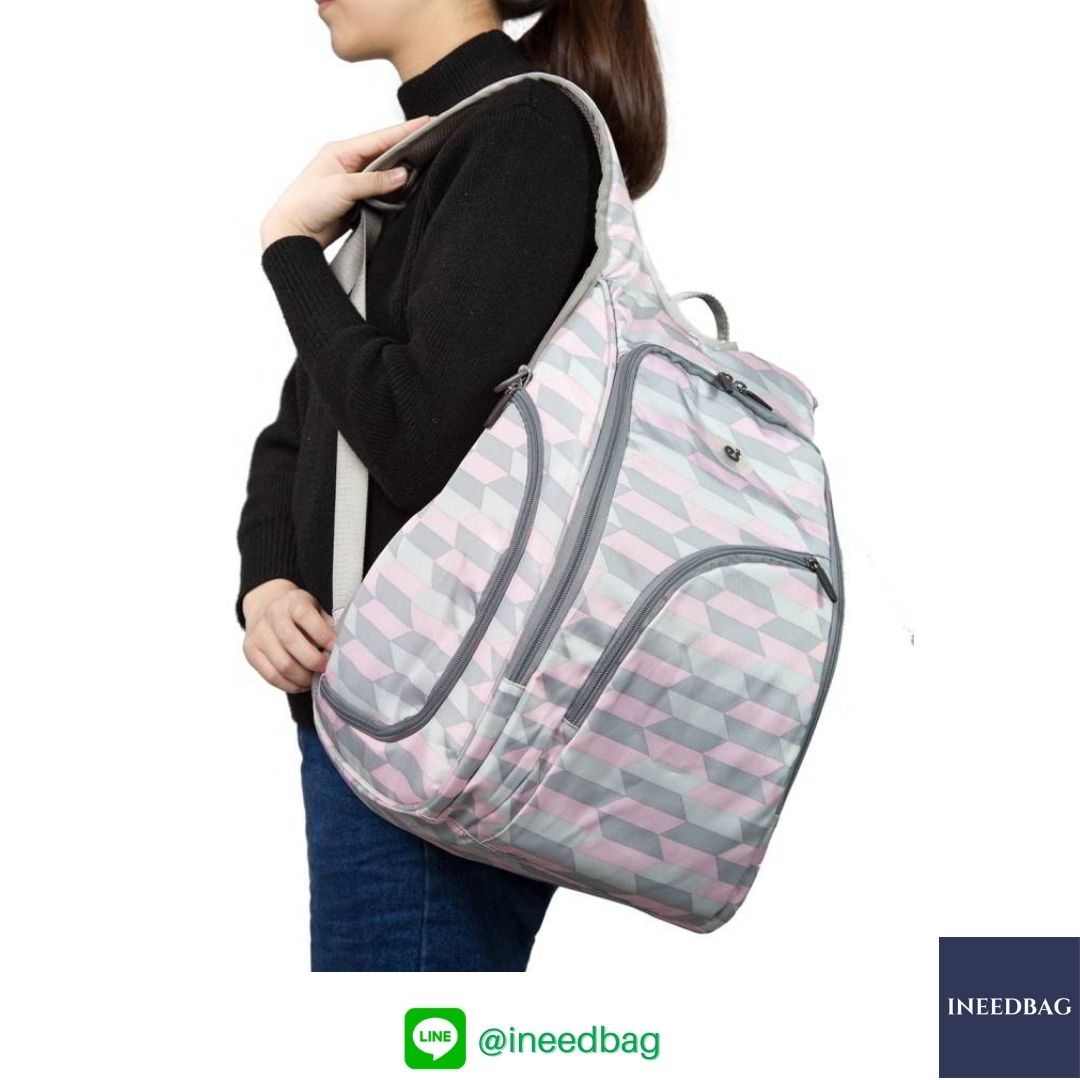 Ecosusi กระเป๋าคุณแม่ กระเป๋าสัมภาระคุณแม่ กระเป๋าแม่ลูกอ่อน แบบเป้ มาพร้อมแผ่นรองเปลี่ยนผ้าอ้อม, สายคล้องรถเข็น, ช่องเก็บความร้อน-เย็น (Pink Chevron)