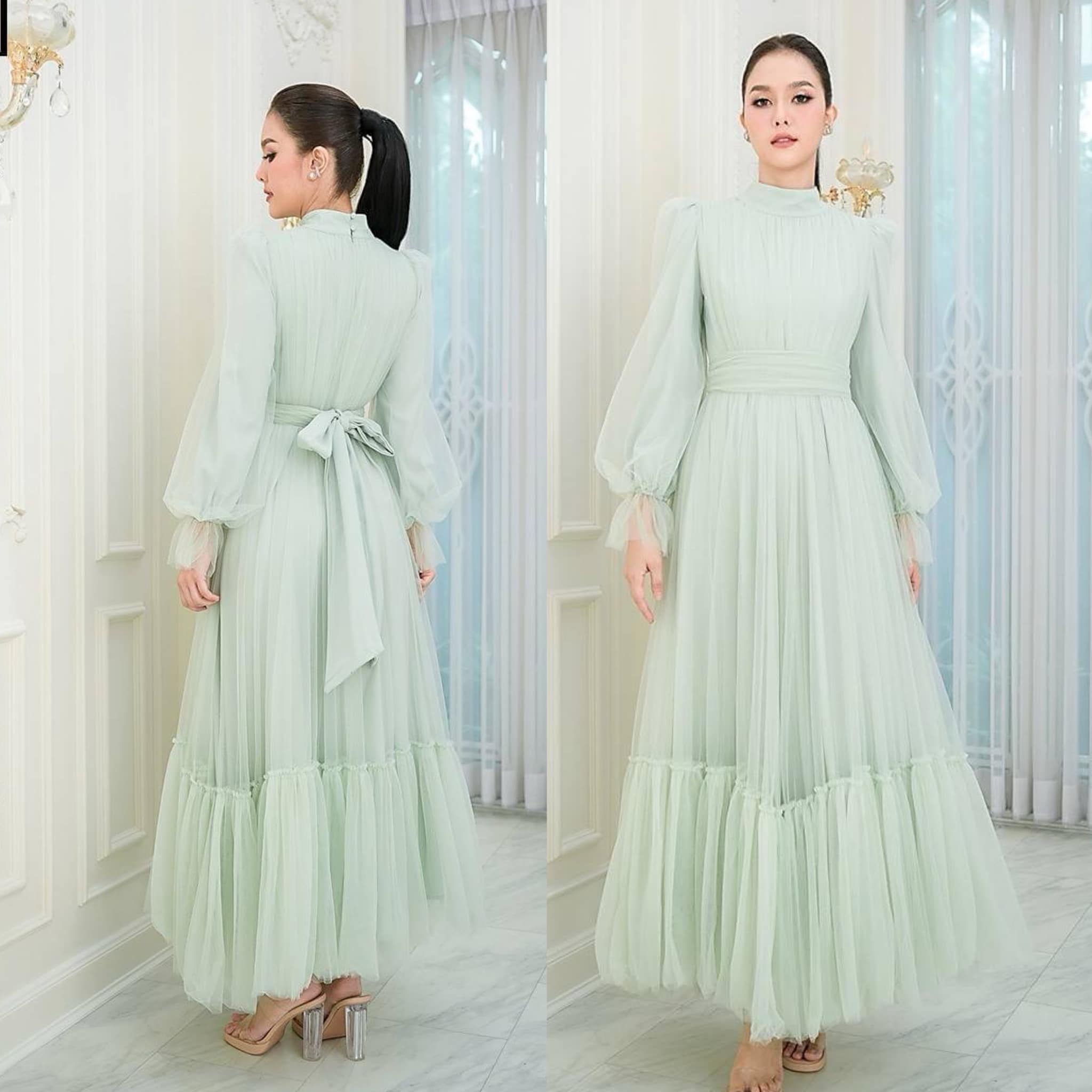 แม็กซี่เดรสเสื้อคอปีนแขนยาว กระโปรงบาน ต่อชายรูดระบายรอบตัว มีโบว์ผูกเอว คัตติ้ง ประณีต ใส่สบาย สินค้าคุณภาพ (พร้อมส่ง)