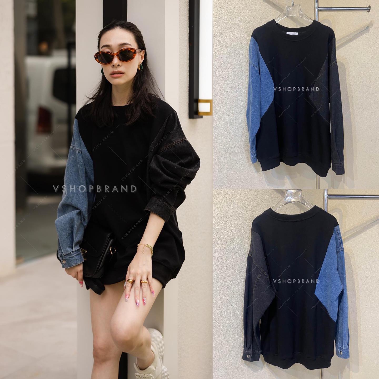 เสื้อไหมพรมแต่งแขนยีนส์ 2 สี ช่วงพรางหุ่น เรียบแต่โก้ : สินค้าคุณภาพ (พร้อมส่ง)