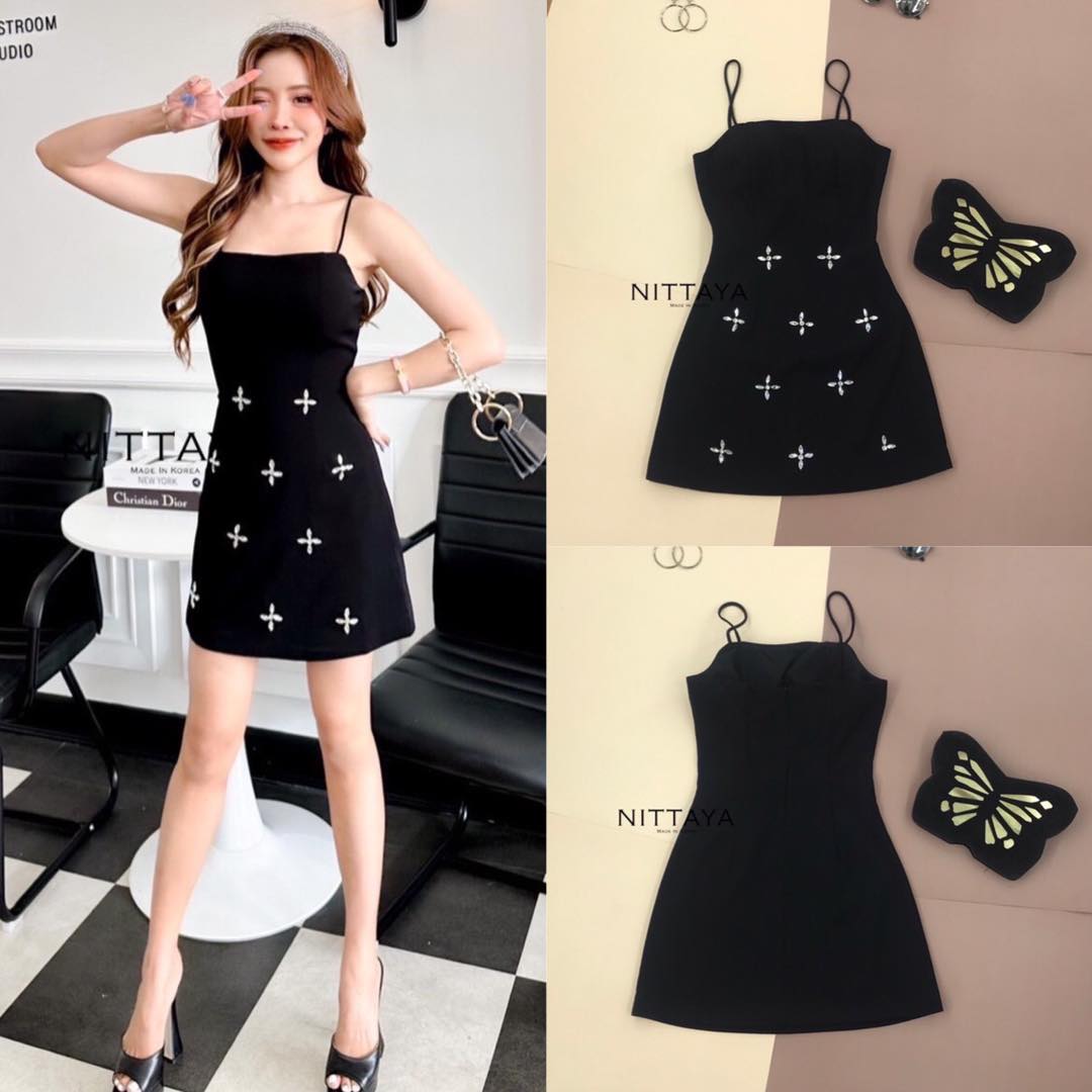 เดรสสายเดี่ยวเรียบหรู ปักเพชร แต่งดอกไม้ รุ่นนี้งานจริงน้องน่ารักมาก สินค้าคุณภาพ (พร้อมส่ง)