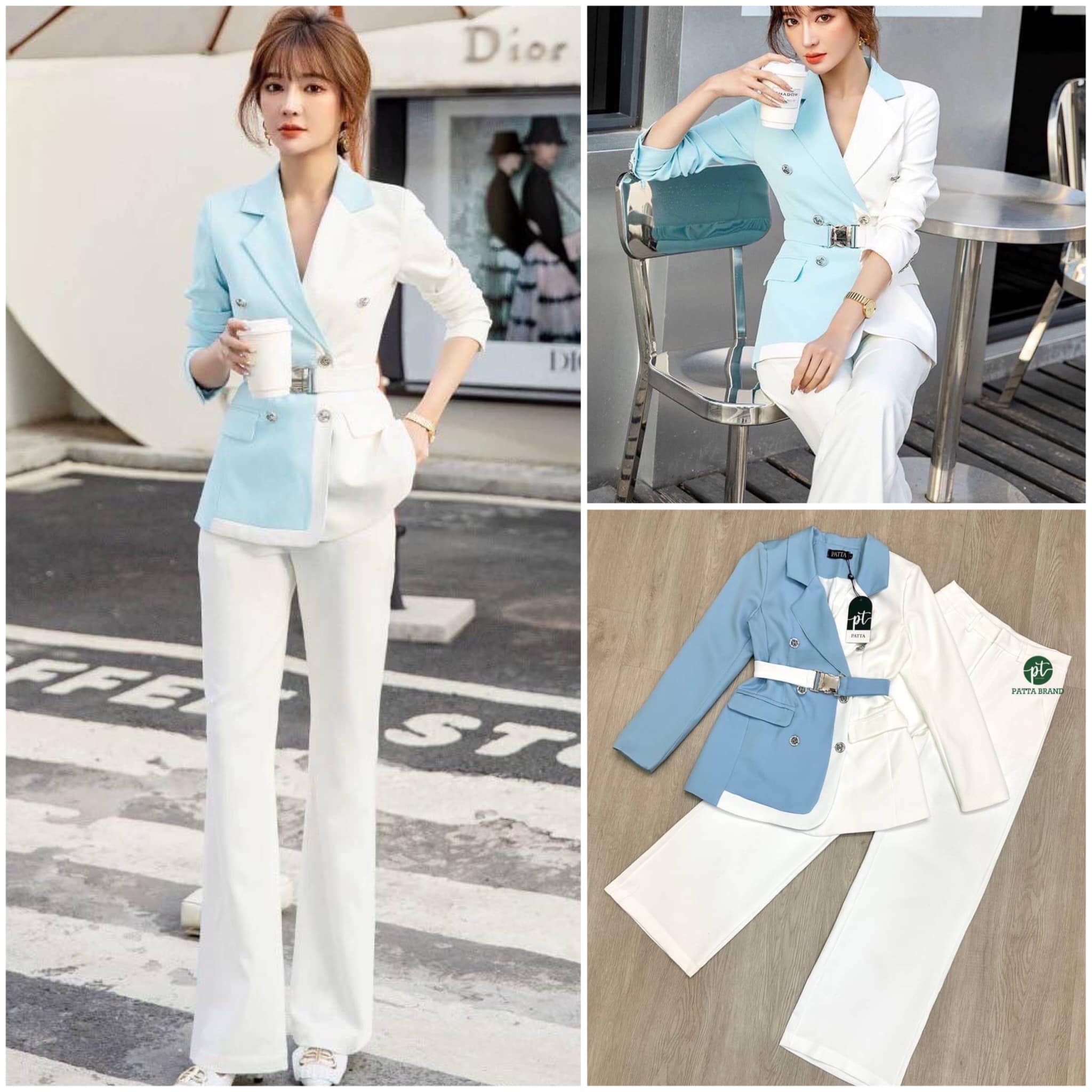 Set ชุด3ชิ้น ชุดสูทแขนยาวทูโทนสีสุดฮิต งานอัดกาว แต่งกระดุมเพชรเด่นหรู มีกระเป๋าหน้า2ข้าง คู่กับ กางเกงขายาวเอวสูง มีตะขอซิปหน้า มีเข็มขัดยางยืด งานสวย ใส่สบาย สินค้าคุณภาพ (พร้อมส่ง)