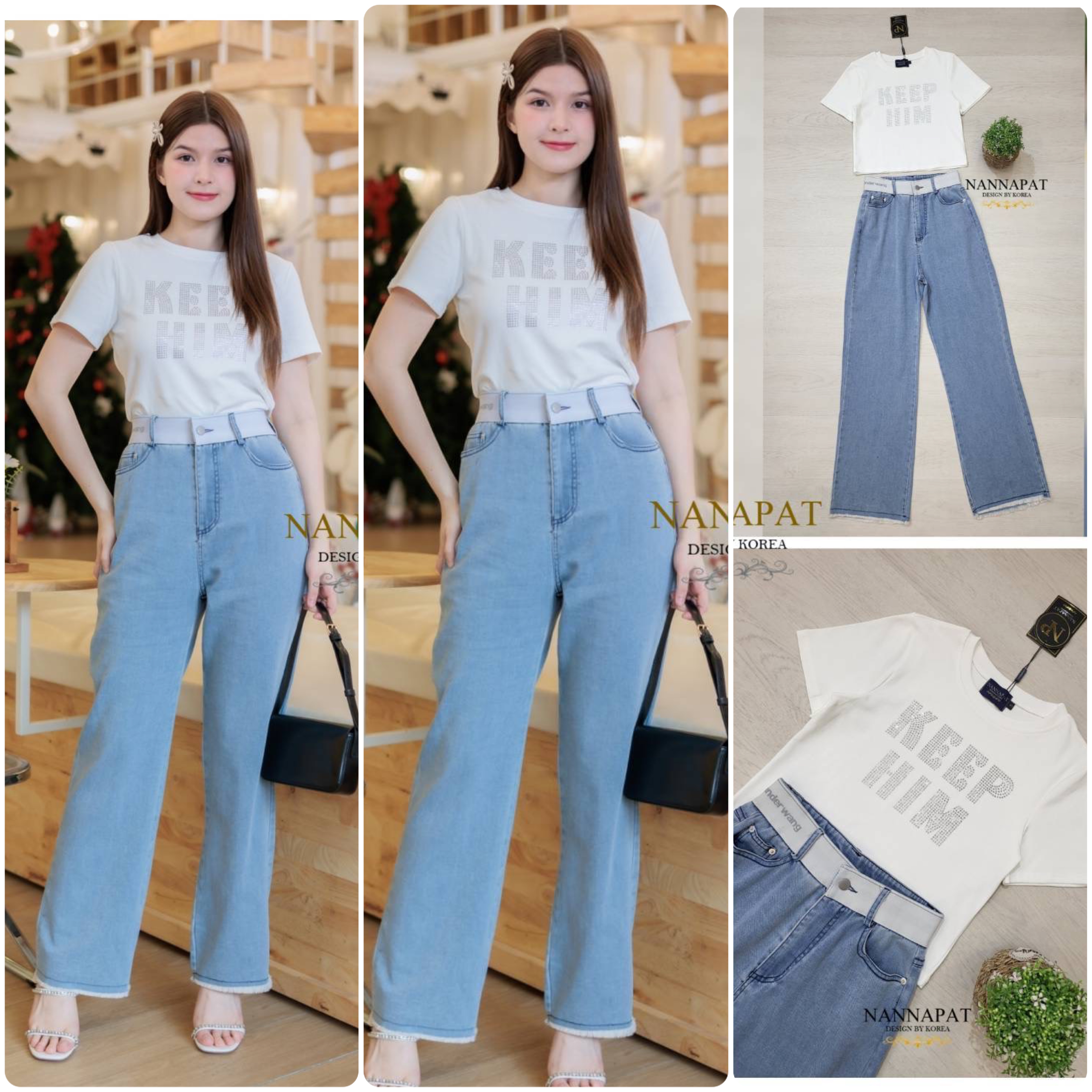 เซ็ทเสื้อ+กางเกง เสื้อผ้ายืด หนานุ่มเด้งเลยนะคะ ติดเพชรเป็นตัวอักษรน่ารัก เก๋ๆ กางเกงก็ทรงสวย ผ้ายีนส์นุ่ม ดีไซน์เก๋ น่ารัก ใส่สบายๆ สินค้าคุณภาพ (พร้อมส่ง)