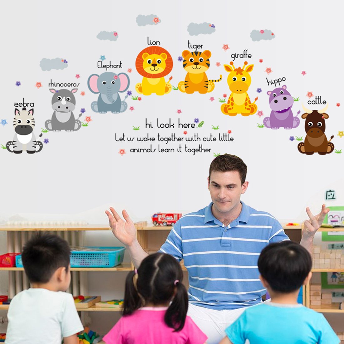 สติ๊กเกอร์แต่งห้อง DIY ลายเพื่อนสัตว์น้อยเรียนรู้ Together Learning Animals ลอกออกแล้วติดซ้ำได้