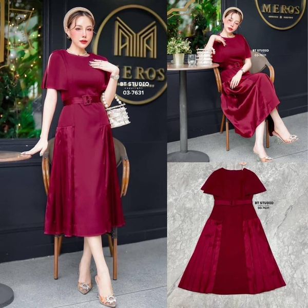 เดรสคลุมเข่า แขนสั้นปิดต้นแขนผ่ากลางแขน กระโปรงบานออกด้านข้างชายกระโปรงแต่งจับจีบด้วยผ้ามันทั้งสองข้าง มาพร้อมเข็มขัดเส้นเล็กคาดกลางตัวจ้า ใส่สบาย : สินค้าคุณภาพ (พร้อมส่ง)