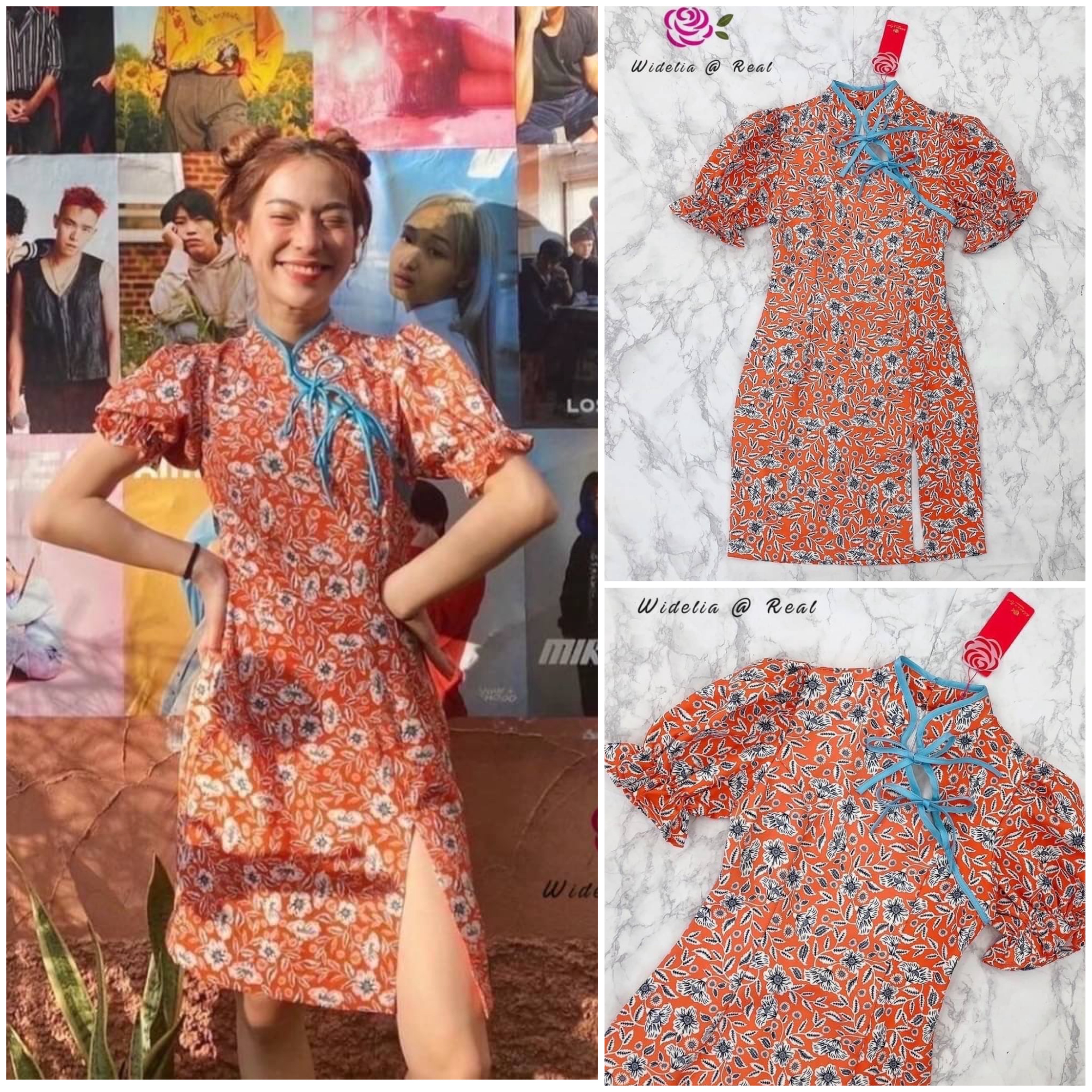 Dress เดรสกี่เพ้าแสนสวย ตัวเดรสแขนพอง คอกี่เพ้า แต่งขอบสีฟ้า ชายเดรสผ่าข้าง ใส่สบาย สินค้าคุณภาพ (พร้อมส่ง)