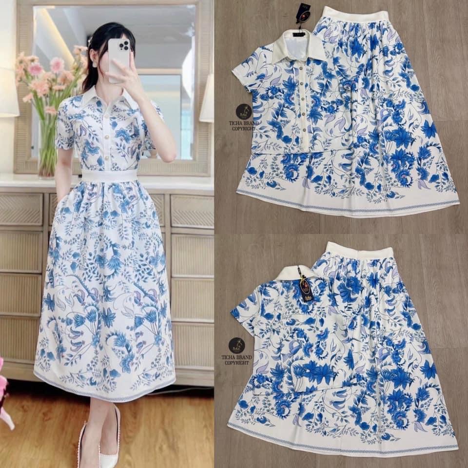 Set 2 ชิ้น สีขาวพิมลายดอกสีฟ้าทั้งชุด ตัวเสื้อเชิ้ตแขนสั้นทรงoversize มีกระดุมหน้า ใช้งานได้จริง มาคู่กระโปรงยาวทรงย้วยจับจีบ รอบเอวให้ดูพองนิดๆ (มีซิปหลัง) ใส่สบาย : สินค้าคุณภาพ (พร้อมส่ง)