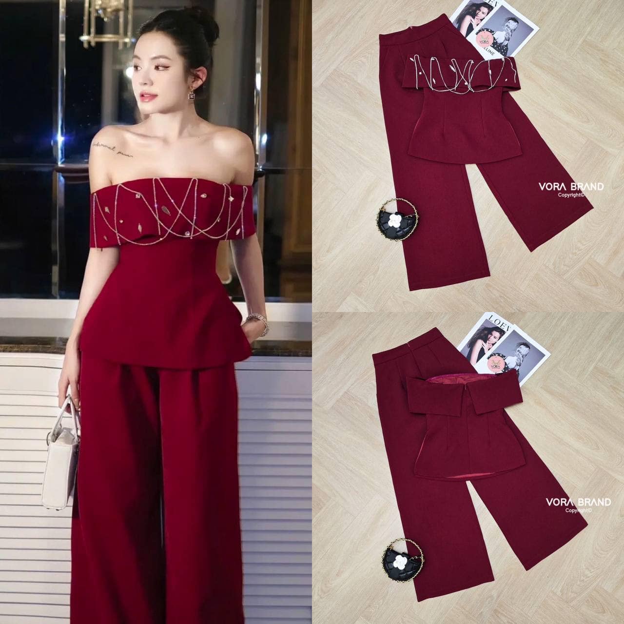 Set เสื้อเกาะอกปาดไหล่ แต่งคริสตัลและสายเพชรด้านหน้าสวยมากค่ะ อกมีฟองน้ำจัดทรงให้ค่ะ แต่งผ่าชายเสื้อด้านข้าง มาพร้อมกางเกงขายาวเข้าชุด ใส่สบาย : สินค้าคุณภาพ (พร้อมส่ง)