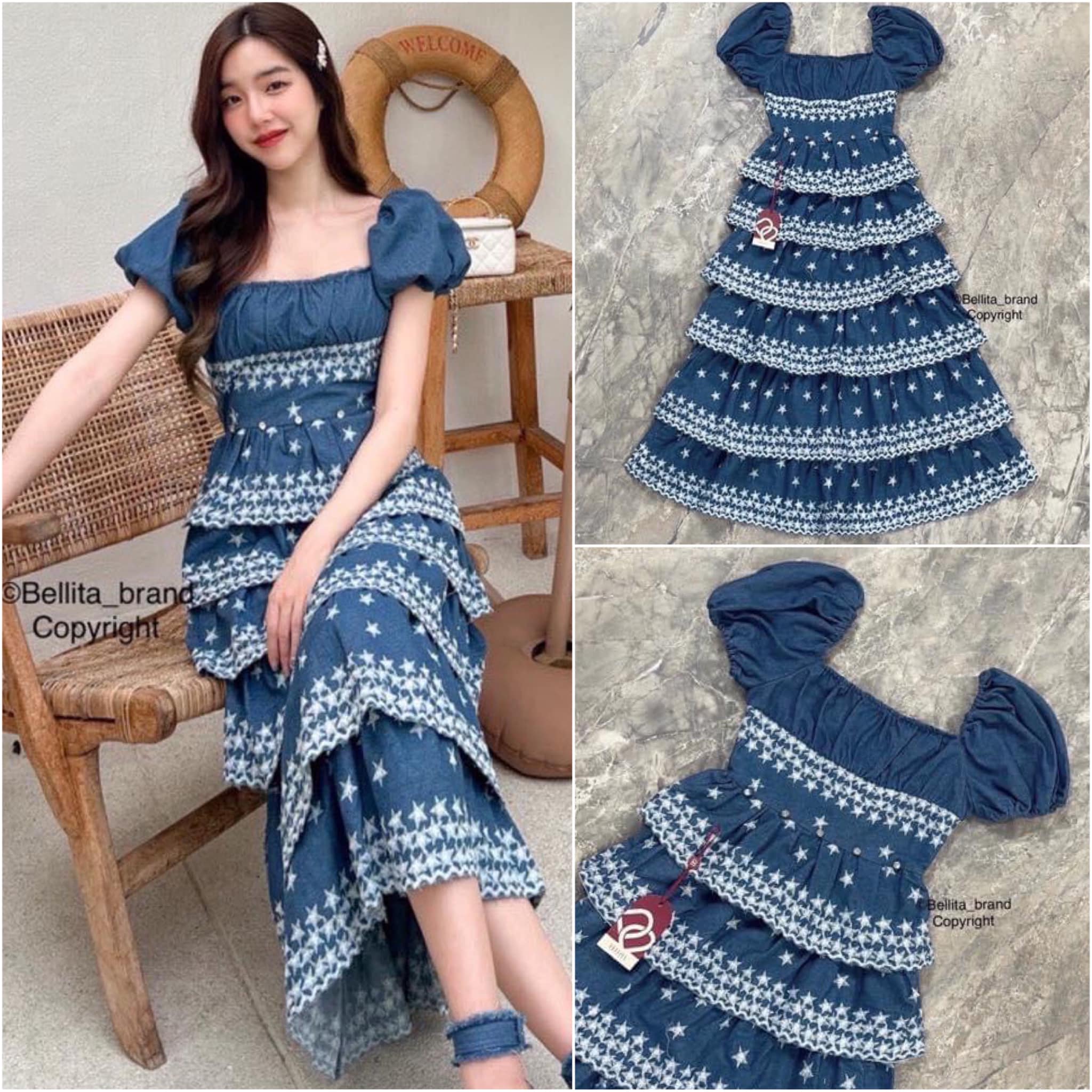 เดรสยีนส์ยาวปักชั้นๆ คอกว้างแขนตุ๊กตา เอวเข้ารูป ผ้าเดนิม ปักดาวสีขาว แต่งกระโปรงชั้นๆ 6 ชั้น สินค้าคุณภาพ (พร้อมส่ง)