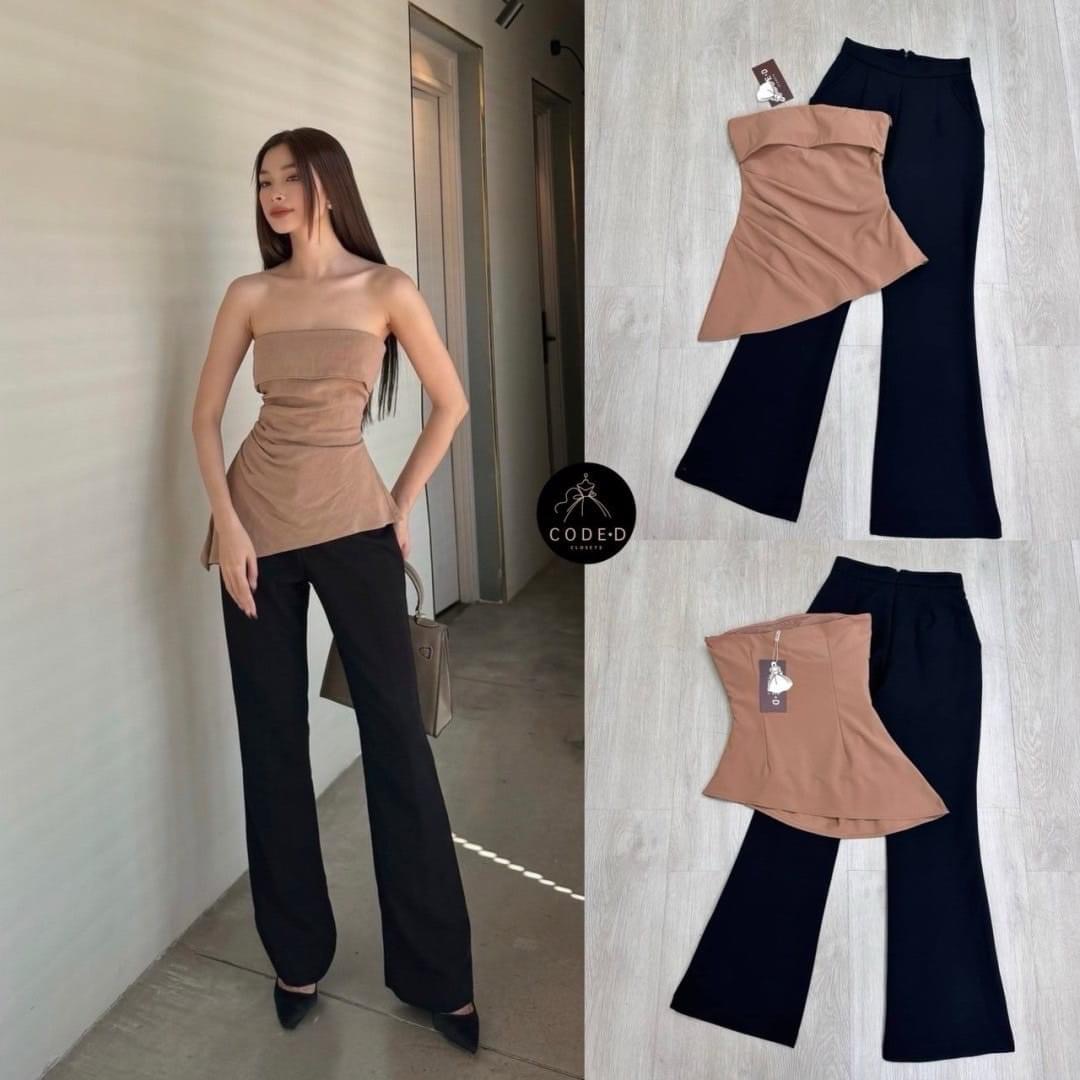 Set 2 ชิ้น เสื้อเกาะอกตัวยาวสีน้ำตาล ดีเทลชายเสื้อระบายเฉียง ทรงสวยเข้ารูป +กางเกงยาวปลายขาบาน ใส่สบาย สินค้าคุณภาพ (พร้อมส่ง)