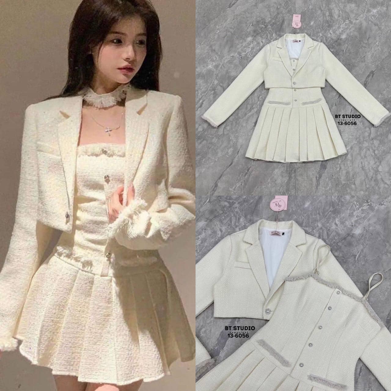 เซท 2 ชิ้น เสื้อเบเซอร์สั้นแขนยาว คอปกกระดุมมุกเม็ดเดียว ปลายแขนรุ่ย มา พร้อมเดรสสายเดี่ยว ใส่สบาย สินค้าคุณภาพ (พร้อมส่ง)