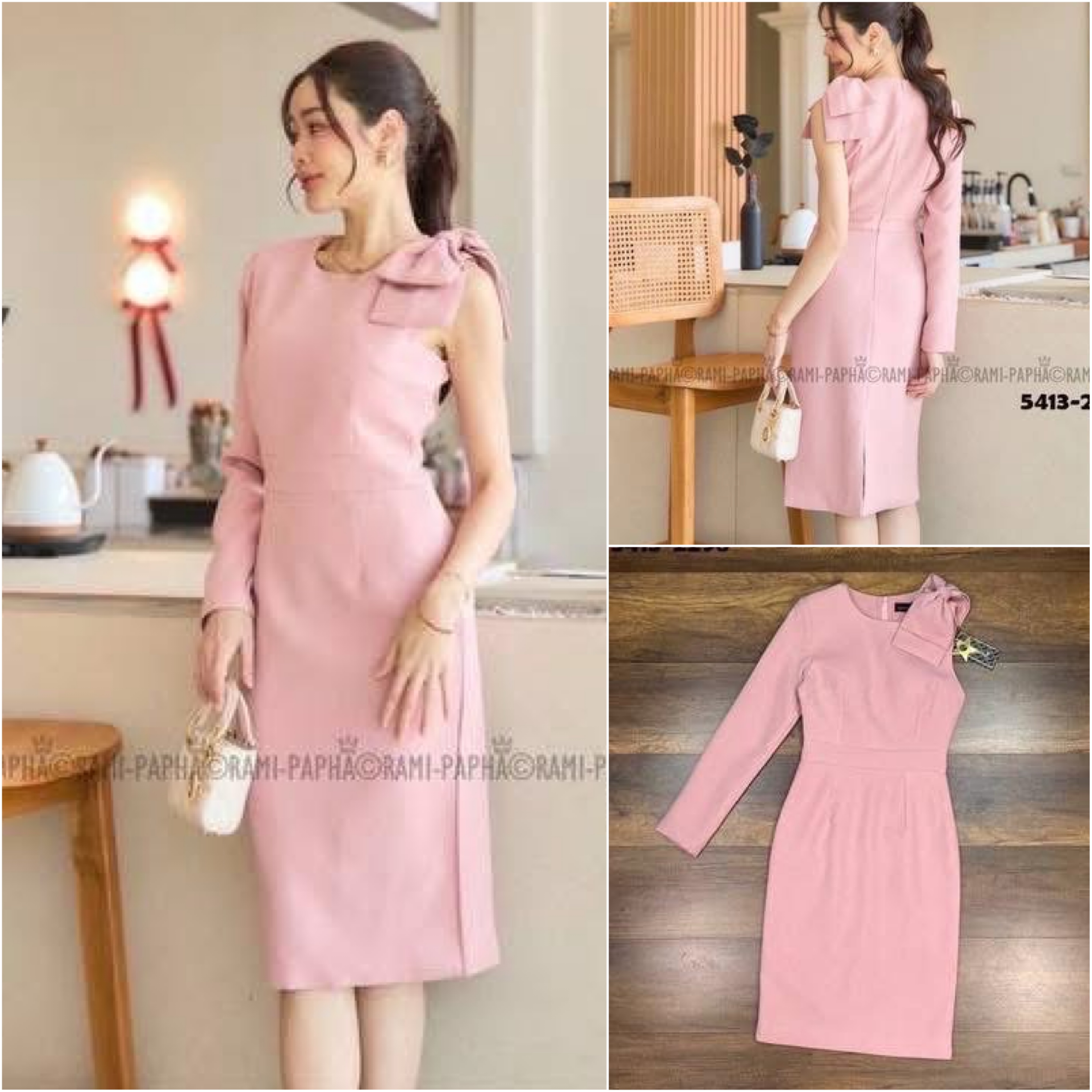 เดรสสีชมพูสุดหรู ดีเทลแต่งโบว์ใหญ่อลังการด้านซ้ายสวยโดดเด่น ดีไซน์ด้านขวาแขนยาวสวยเก๋ ใส่สบาย : สินค้าคุณภาพ (พร้อมส่ง)