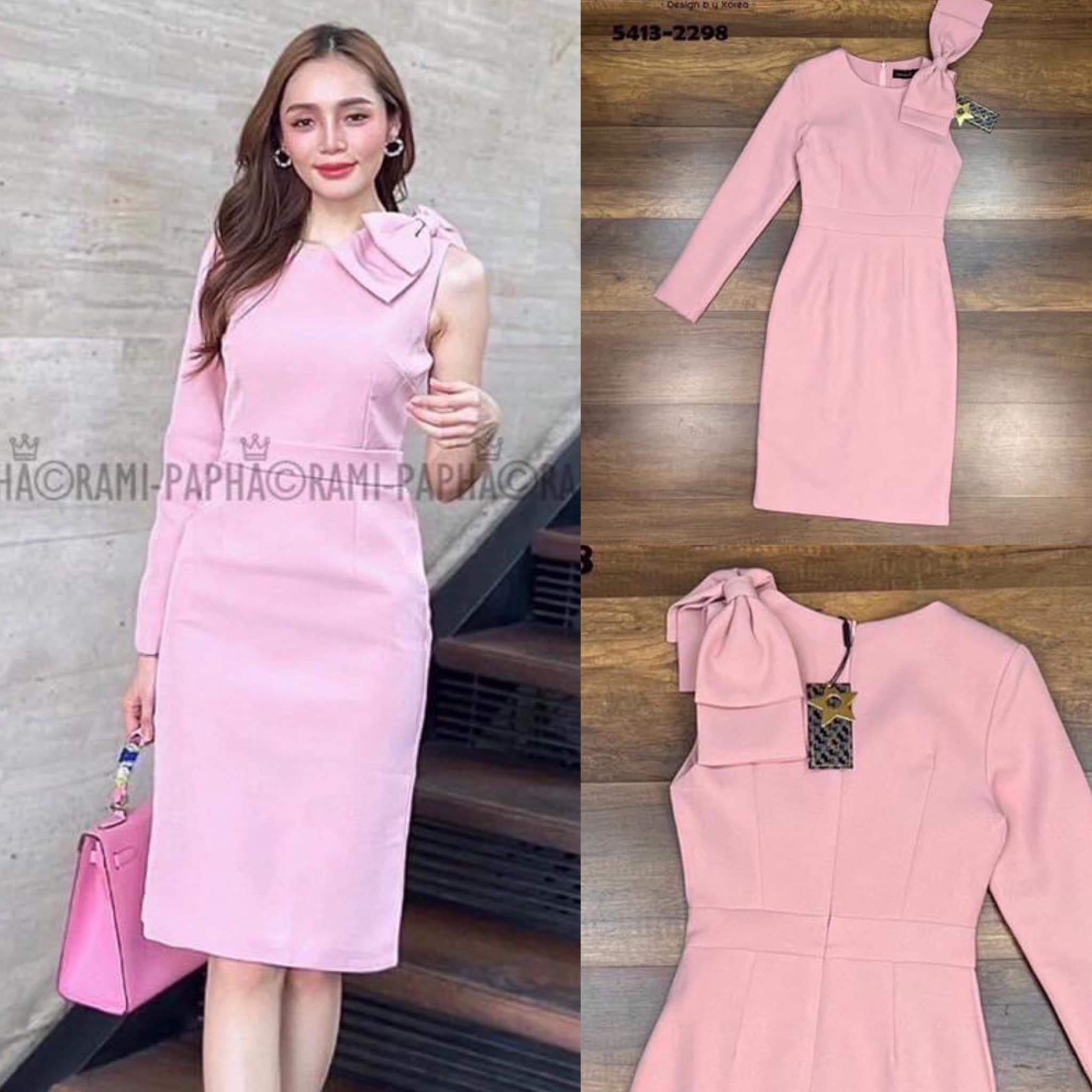 เดรส เดรสสีกรมสุดหรู ดีเทลแต่งโบว์ใหญ่อลังการ ด้านซ้ายสวยโดดเด่น สินค้าคุณภาพ (พร้อมส่ง)