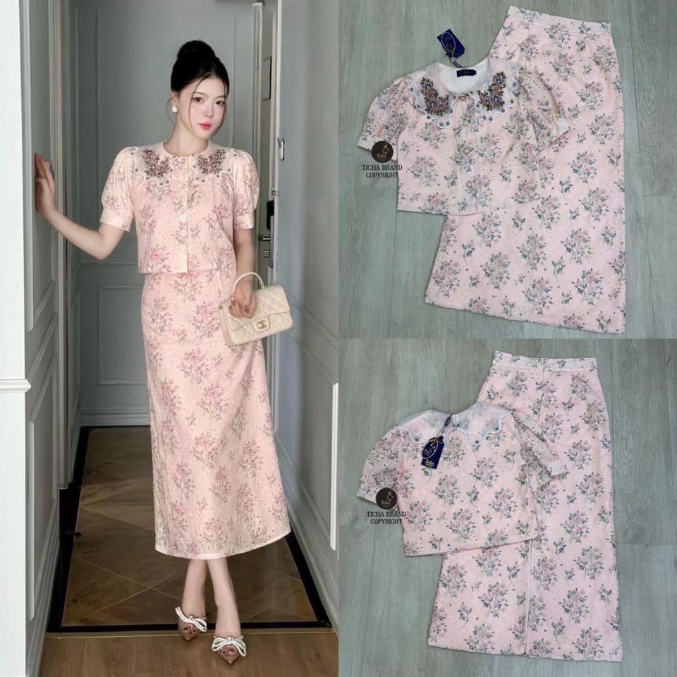 เซ็ต 2 ชิ้น เสื้อครอปแขนตุ๊กตาคอปก ใหญ่ซีทรู ตัดขอบโค้งหยักๆปักลายดอกไม้ +กระโปรงทรงสอบแต่ง ผ่าหลัง ใส่สบาย สินค้าคุณภาพ (พร้อมส่ง)