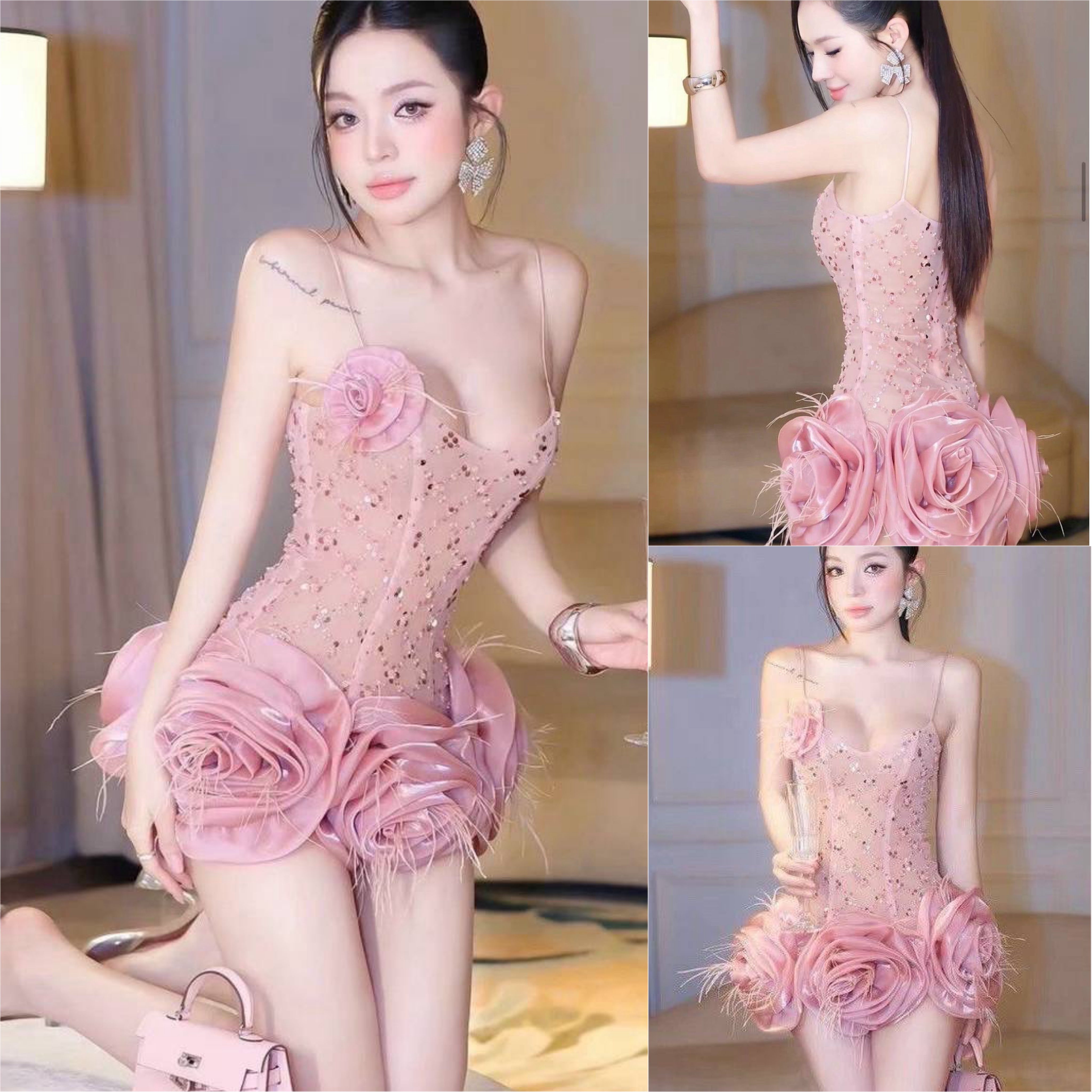 มินิเดรส สุดหรูหรา ดูแพง สุดปังมาก หน้าอกมีฟองน้ำชุดมีซับใน ด้านหลังมีซิบด้านหลัง มีอะไหล่ดอกไม้เป็นเข็มกลัดติดที่หน้าอก ใส่สบาย : สินค้าคุณภาพ (พร้อมส่ง)