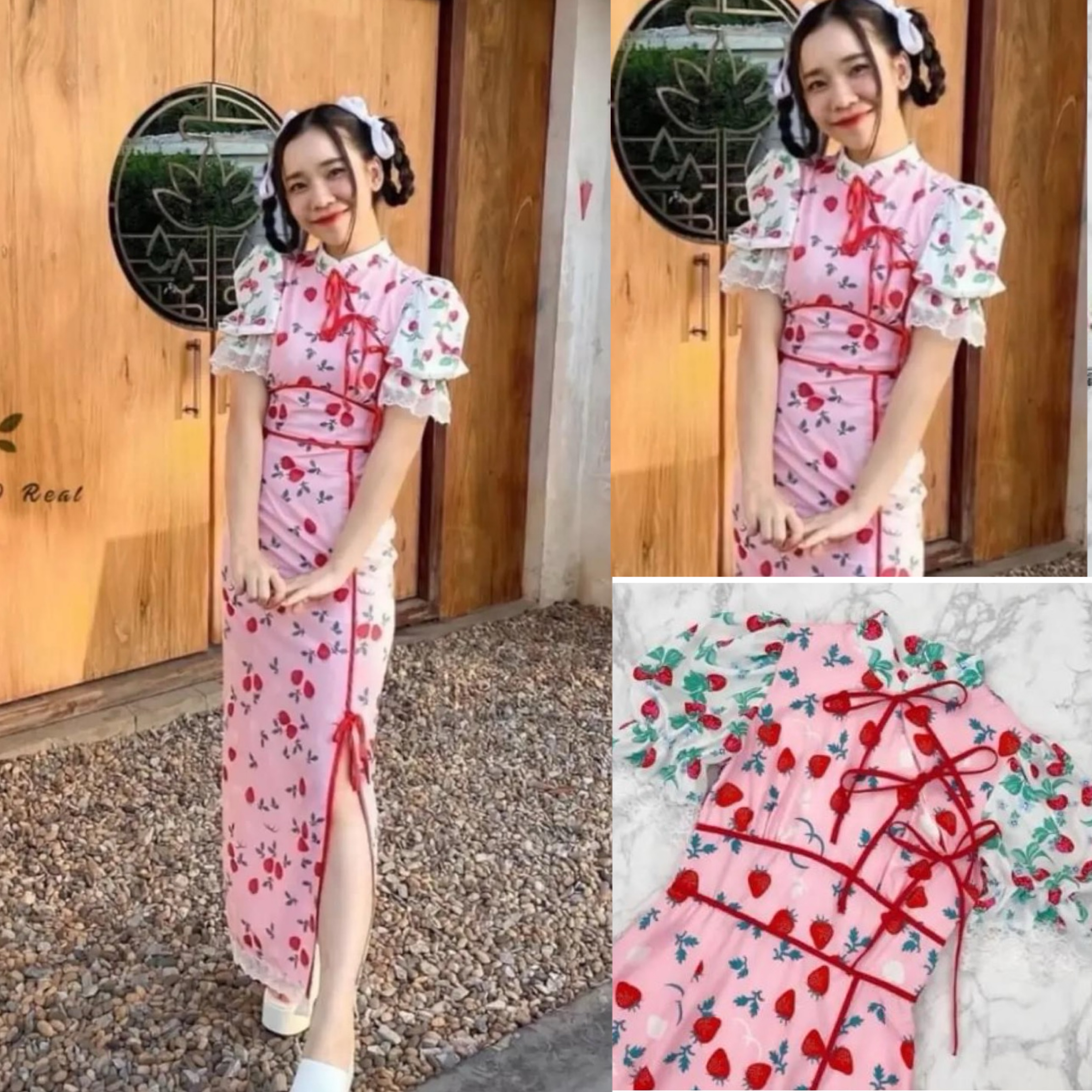 Dress เดรสกี่เพ้าตัวยาวแสนสวยช่วงแขน พองสลับสี ตัวเดรสกุ๊นขอบแดง ชายเดรสผ่าข้าง ใส่สบาย สินค้าคุณภาพ (พร้อมส่ง)