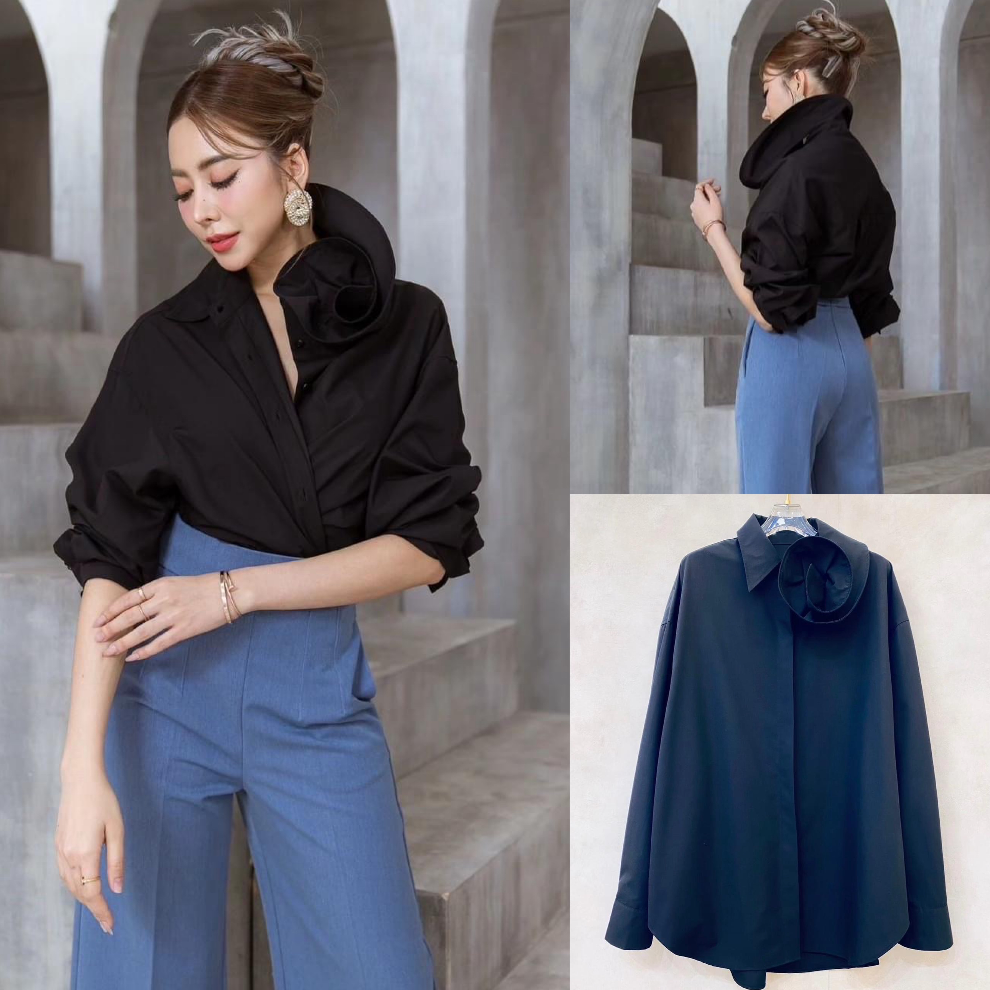 เสื้อเชิ้ตปกคอดอกไม้ ตัวเสื้อเป็นทรงปล่อยๆเท่ห์ๆ คอปกดีไซน์ให้เป็นดอกกุหลาบ ตะเข็บด้านในตัวเสื้อเย็บเก็บขอบอย่างละเอียด เนื้อผ้าเกรดเอ ใส่สบาย : สินค้าคุณภาพ (พร้อมส่ง)