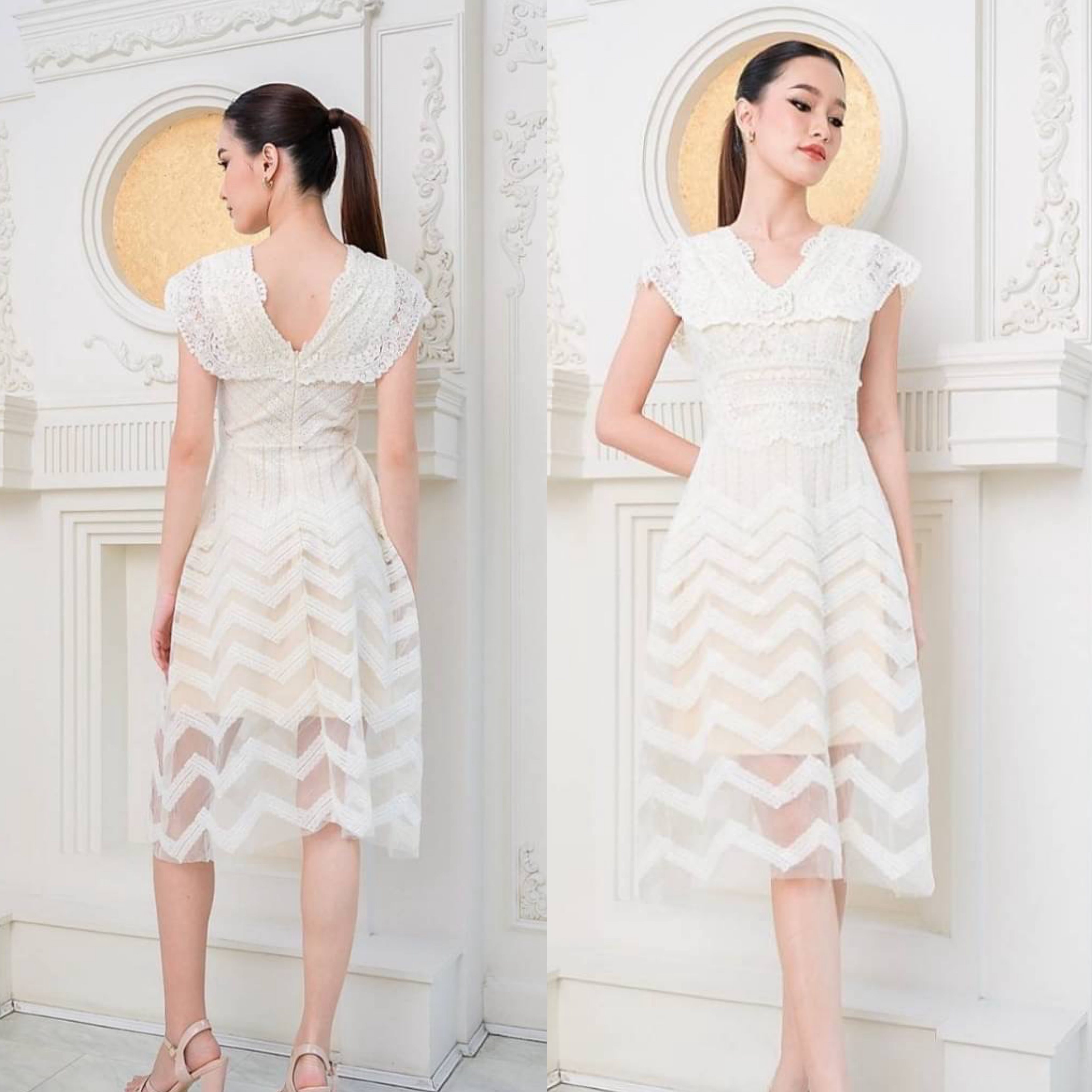 เดรสเสื้อคอวีแขนเต่อ กระโปรงบานทรงเอปักลายซิกแซก ทำจากผ้าลูกไม้คอตตอนโครเชต์ ผ้าเนื้อดีเป็นทรง คัตติ้งประณีต มีซิปซ่อนและซับในเต็มตัวค่ะ ใส่สบาย : สินค้าคุณภาพ (พร้อมส่ง)