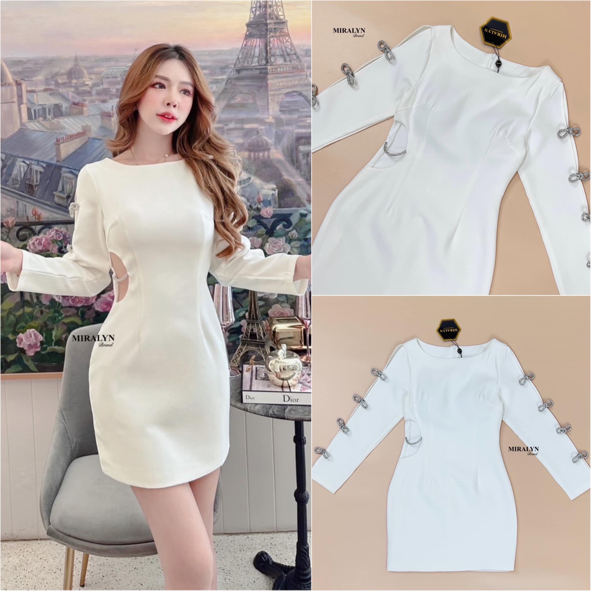 เดรสสีขาวแขนยาวแวกแต่ง เข็มกลัดเพชรแบบเรียบหรู ช่วงเอวเว้า แต่งสายเพชรโชว์ความเซ็กซี่แบบน่ารัก งานเข้ารูปทรงสวยมากคะ สินค้าคุณภาพ (พร้อมส่ง)