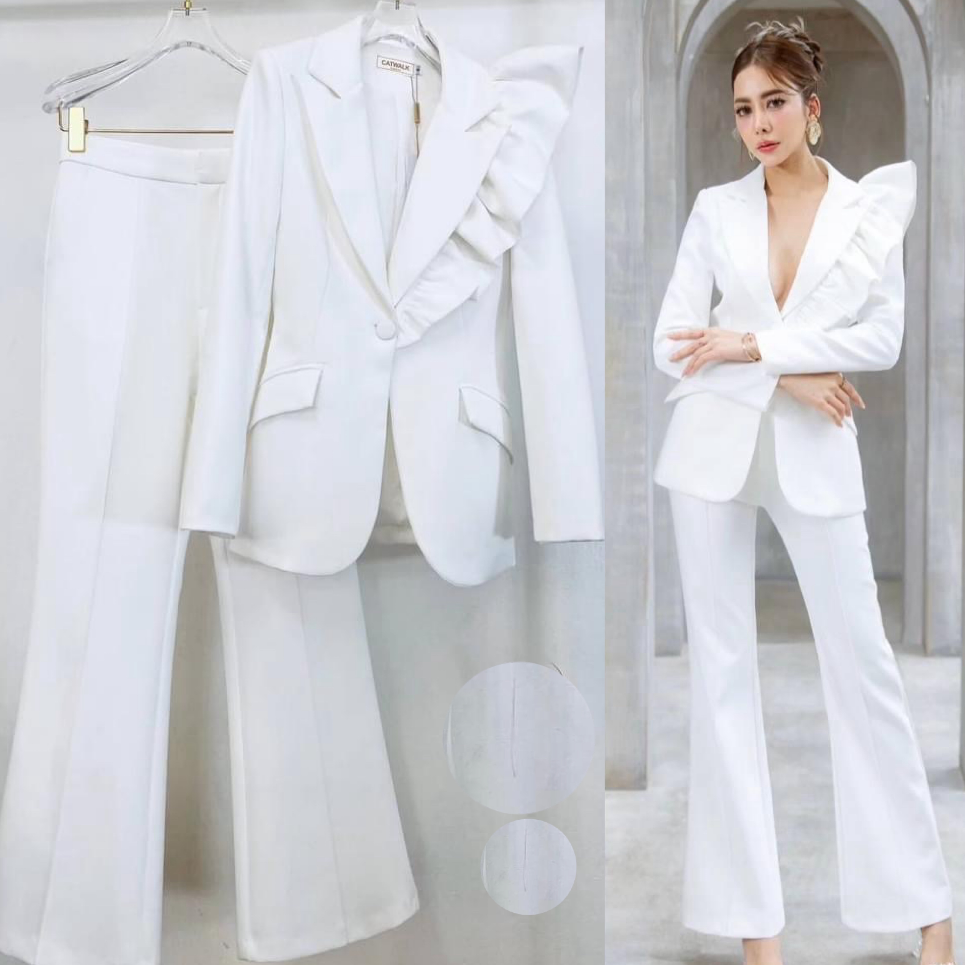 Setสูทแต่งระบายไหล่ข้างเดียว+กางเกงขายาว ทรงสวย ใส่สบาย สินค้าคุณภาพ (พร้อมส่ง)