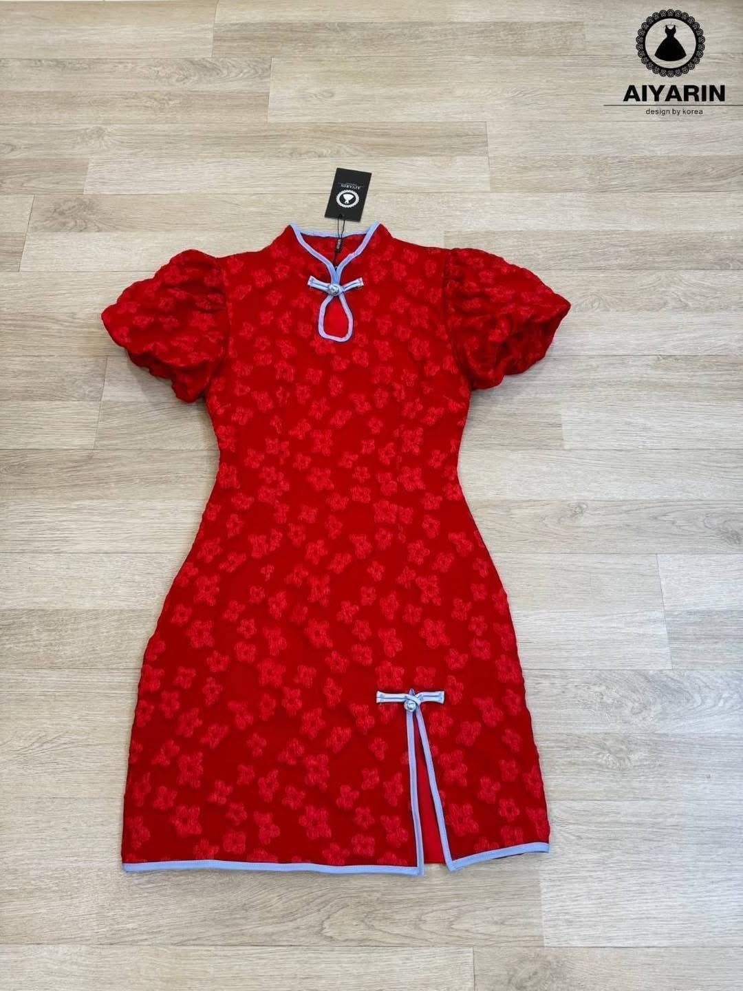 เดรสคอจีนกระโปรงผ้าทอเเขนพอง น่ารัก ใส่สบาย : สินค้าคุณภาพ (พร้อมส่ง)