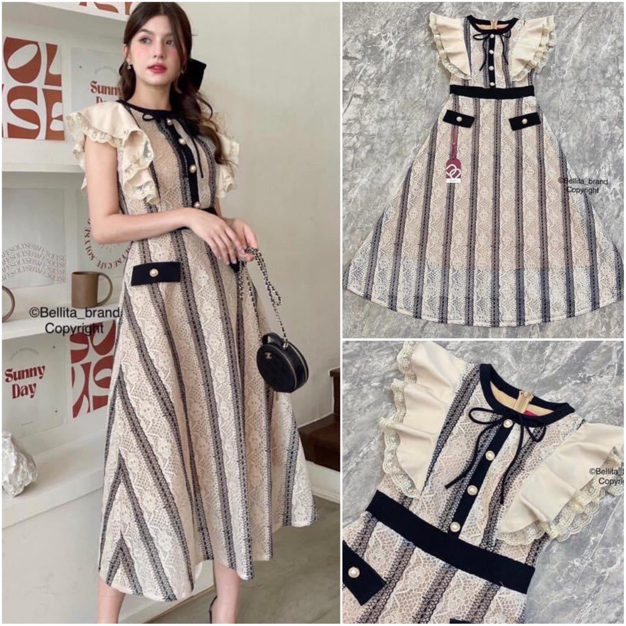 เดรสยาวผ้าลูกไม้ลายตรง ทรงสวย ใส่สบาย สินค้าคุณภาพ (พร้อมส่ง)