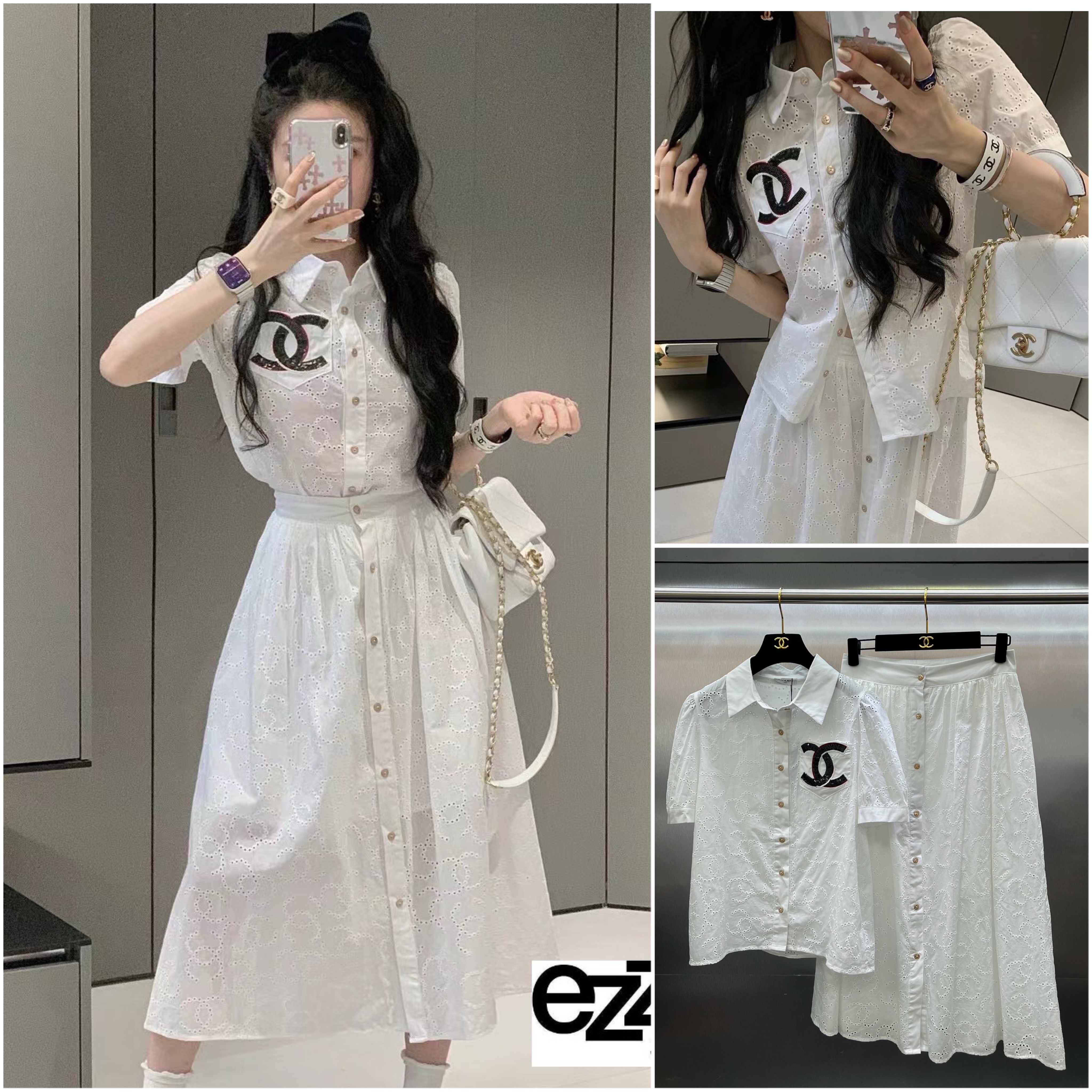 ชุดเซตเสื้อลูกไม้ฉลุ ลาย ปัก CC logo ผ้าสวยมาก ใส่เข้าชุดกระโปรง ผ้าลูกไม้ฉลุลาย ใส่เข้าชุด สวยเรียบหรู งาน ไฮเอ็น : สินค้าคุณภาพ (พร้อมส่ง)