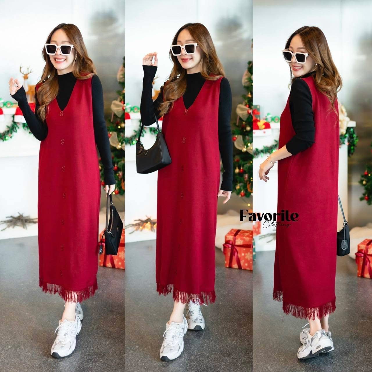 Set เดรสแขนกุดคอวี ดีเทลแต่งชายรุ่ย เย็บแต่งกระดุมด้านหน้า มาพร้อมเสื้อแขนยาวคอปิด ใส่สบาย : สินค้าคุณภาพ (พร้อมส่ง)