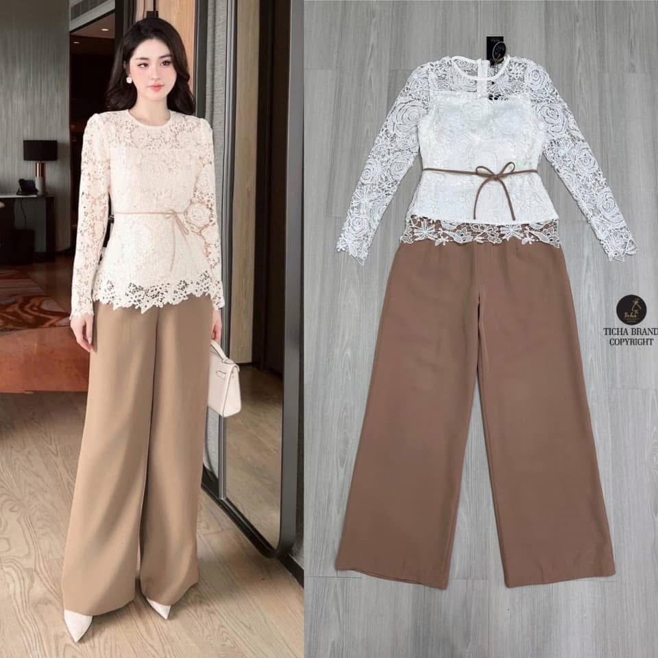 ชุดset2ชิ้น เสื้อลูกไม้ฉลุสีขาว แขนยาว อกเสริมฟองน้ำ งานซิปหลัง มีสายผูกเอวเก๋ๆ ทรงสวย มาพร้อมกางเกงขายาวทรงกระบอกสีน้ำตาล ใส่สบาย : สินค้าคุณภาพ (พร้อมส่ง)