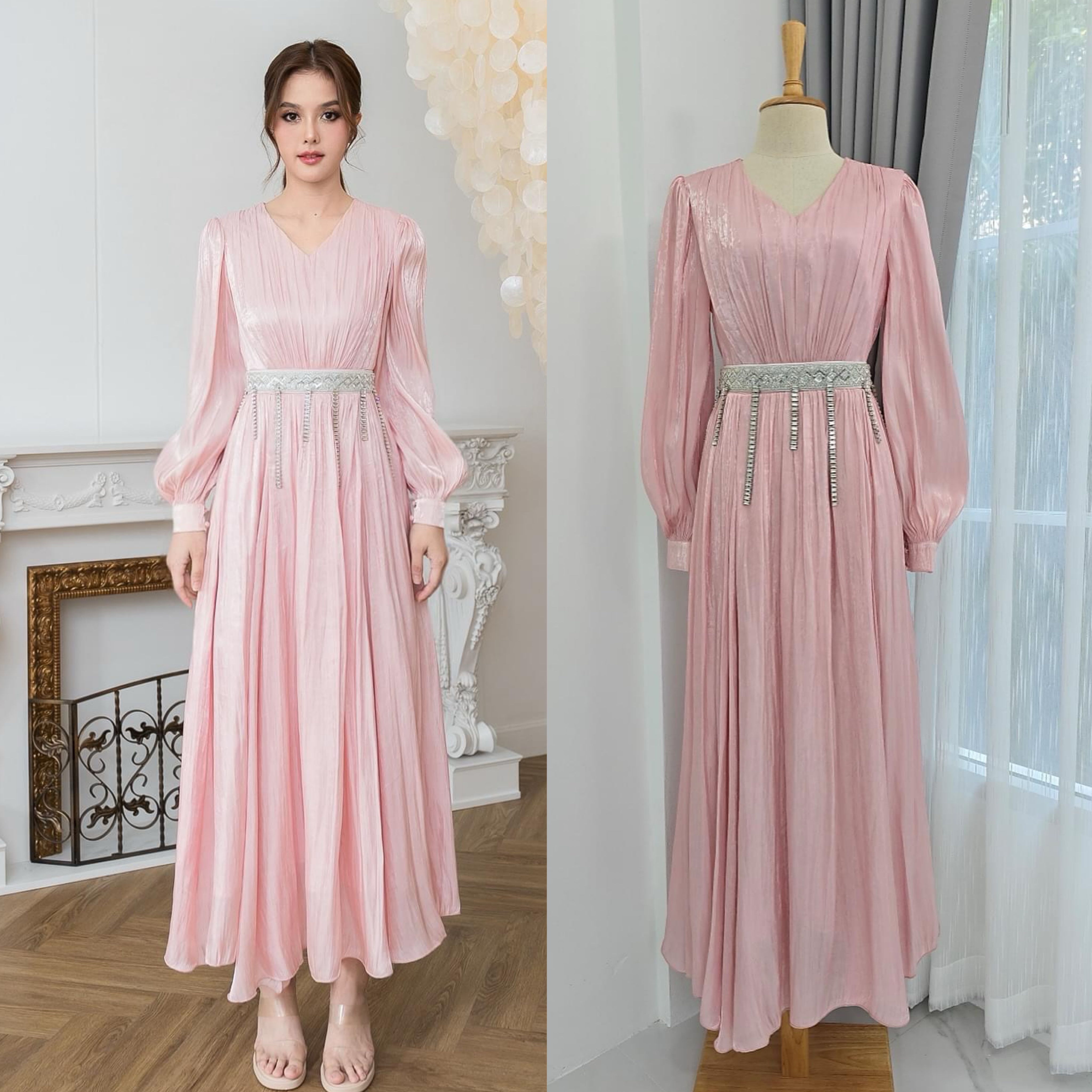 แม็กซี่เดรสเสื้อคอวีแขนยาว กระโปรงบาน ดีเทลตัวเสื้อเดรปแบบรูดใต้อกและกระโปรง ใส่สบาย : สินค้าคุณภาพ (พร้อมส่ง)