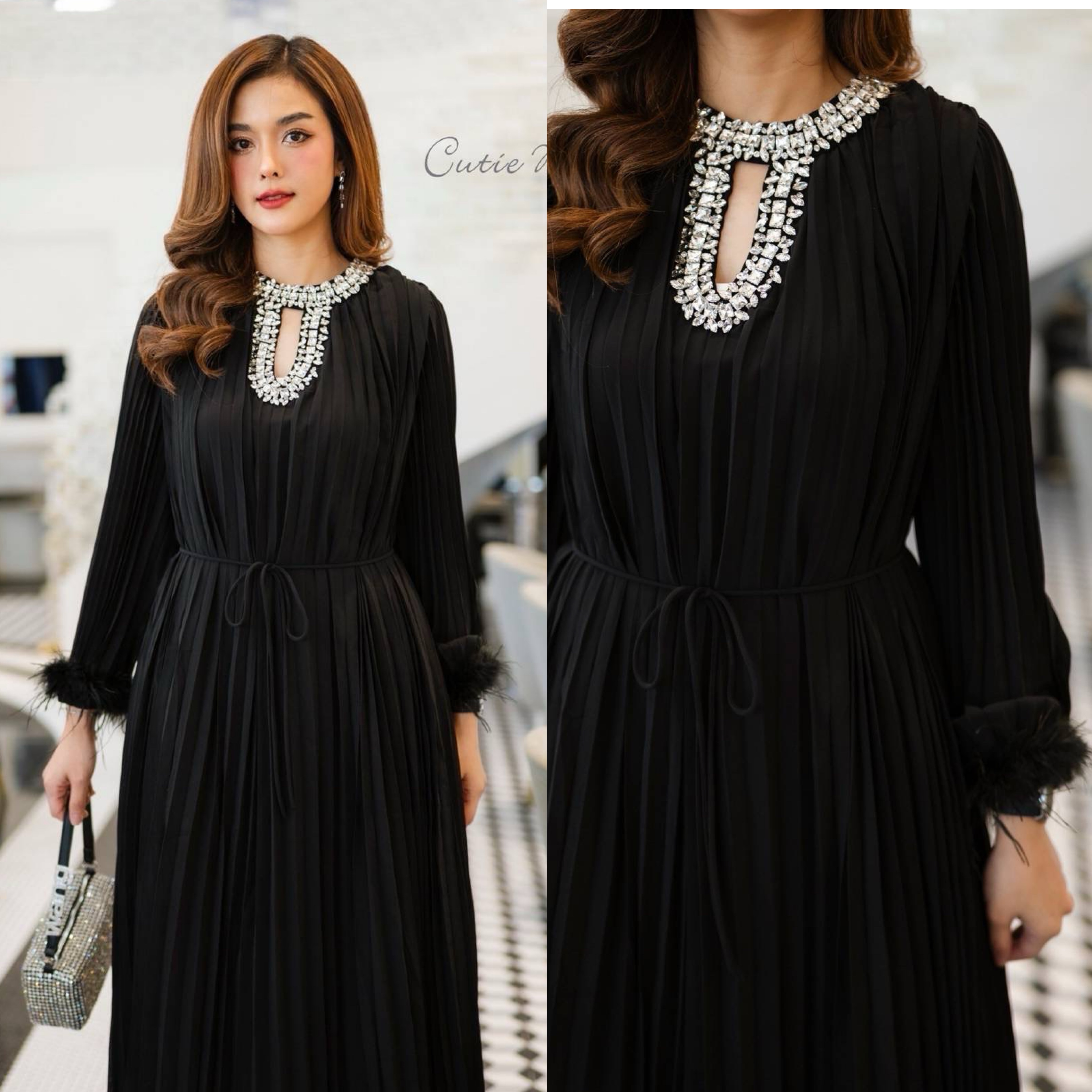 แม็กซี่เดรสผ้าชีฟองอัดพลีทคอประดับเพชรเม็ดใหญ่สุดอลังการ เพิ่มความเก๋ที่ปลายแขนด้วยขนนก มาพร้อมกับเชือกผูกเอว ชุดมีซับในทั้งตัว ใส่สบาย : สินค้าคุณภาพ (พร้อมส่ง)