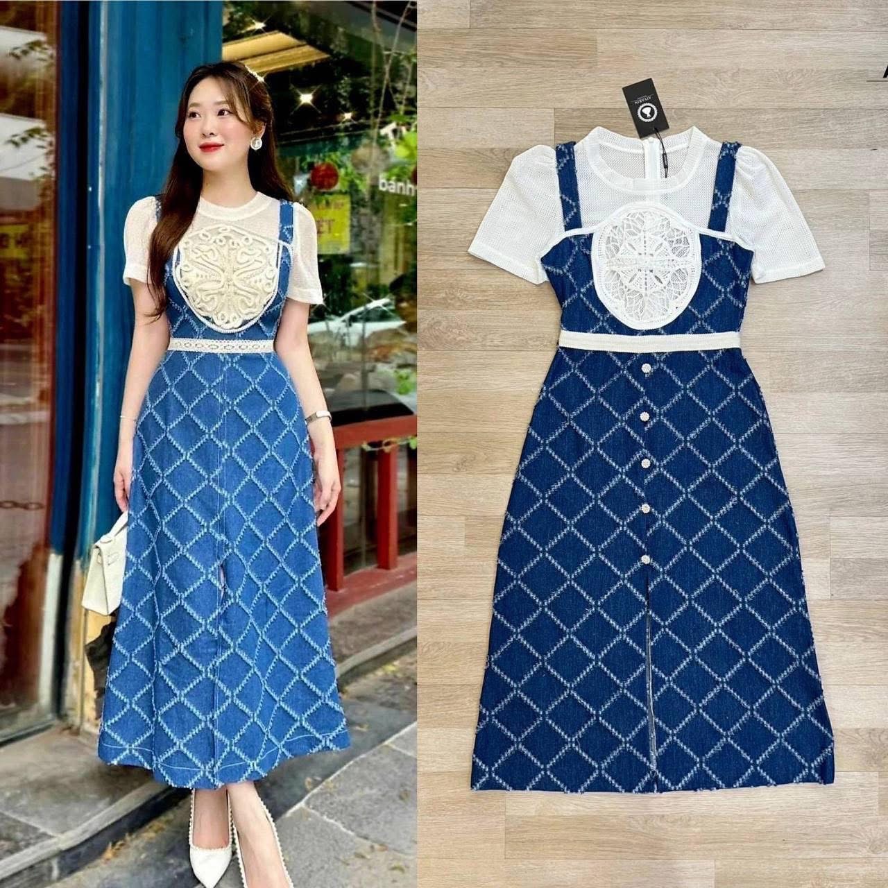 เดรสกระโปรงยาว ปักผ้าลูกไม้ตรงหน้าอกสีขาวตัดกับชุดยีนกระดุมด้านหน้าเตกเเต่งสวยงามเอวเข้ารูปดูเก๋ดูสวยมากๆ ใส่สบาย : สินค้าคุณภาพ (พร้อมส่ง)